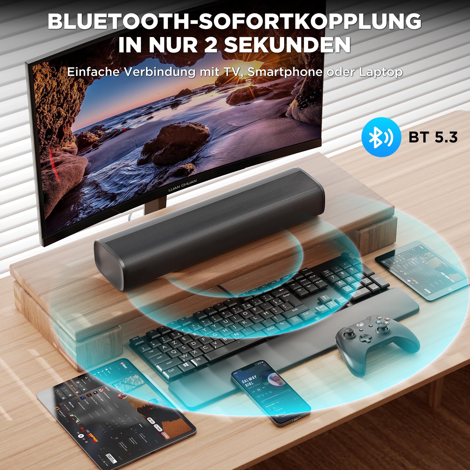 Barra de sonido para TV, altavoces de 56 W con Bluetooth 5.3/ARC/Optical/AUX Inputs – Sistema de sonido envolvente para pared, montaje en casa, teatro, sistema de sonido envolvente, barra de sonido