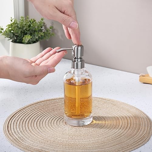 Miniatura 3 de Dispensador de jabón de vidrio transparente con bomba de níquel cepillado, dispensador de jabón líquido de 11 onzas cilíndrico con bomba de acero