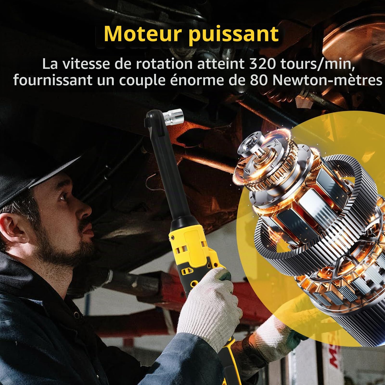 Clé à cliquet électrique sans fil étendue de 3/8" compatible avec batterie Dewalt 18 V 20 V, clé à cliquet 320 tr/min 80 N.m avec tête de 15,2 cm et lumière LED, avec 8 douilles et adaptateur 6,35 mm
