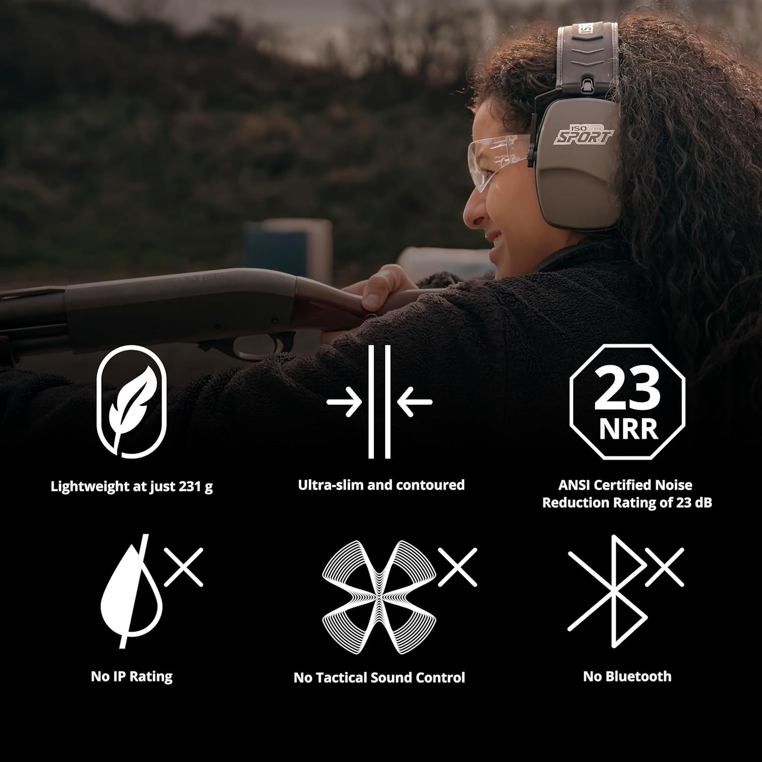 Graphic highlighting key features: lightweight, ultra-slim, and 23 NRR