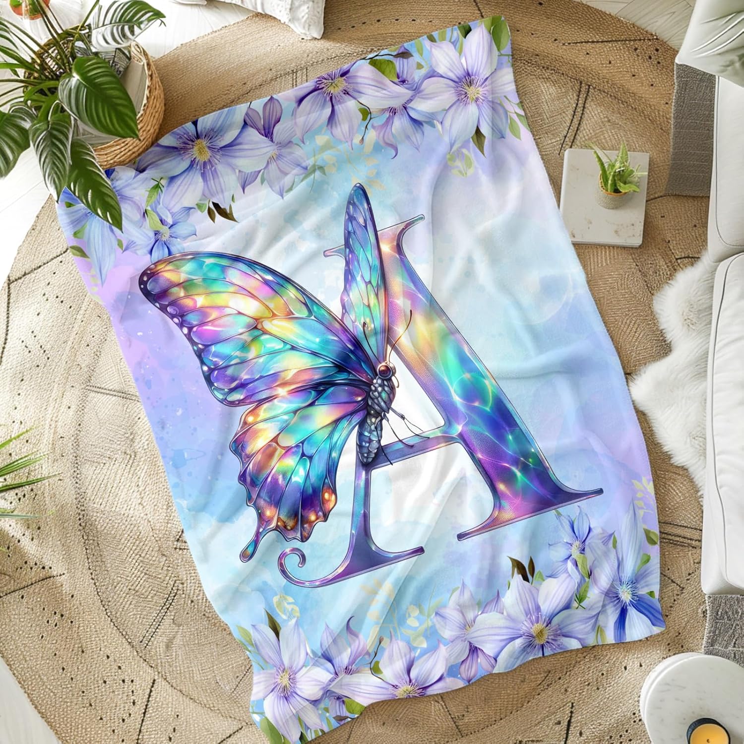 Butterfly Throw Blanket for Women, Monogram Blanket, Initial Gift, 60 x 50 Inches Soft Lightweight Flannel Throw for Living Room, Couch Sofa Office, Garden