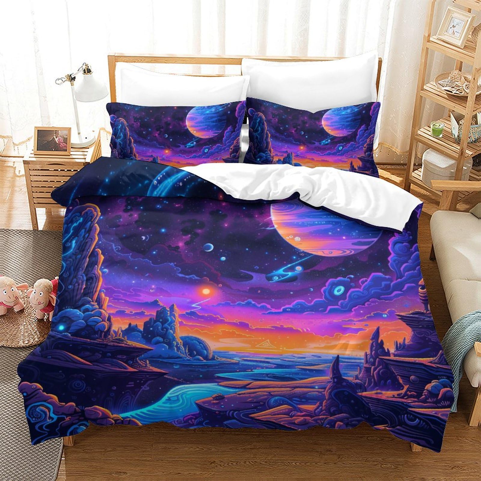 Housse de couette 220x240cm respirante en microfibre super douce motif Planète Bleue 3D