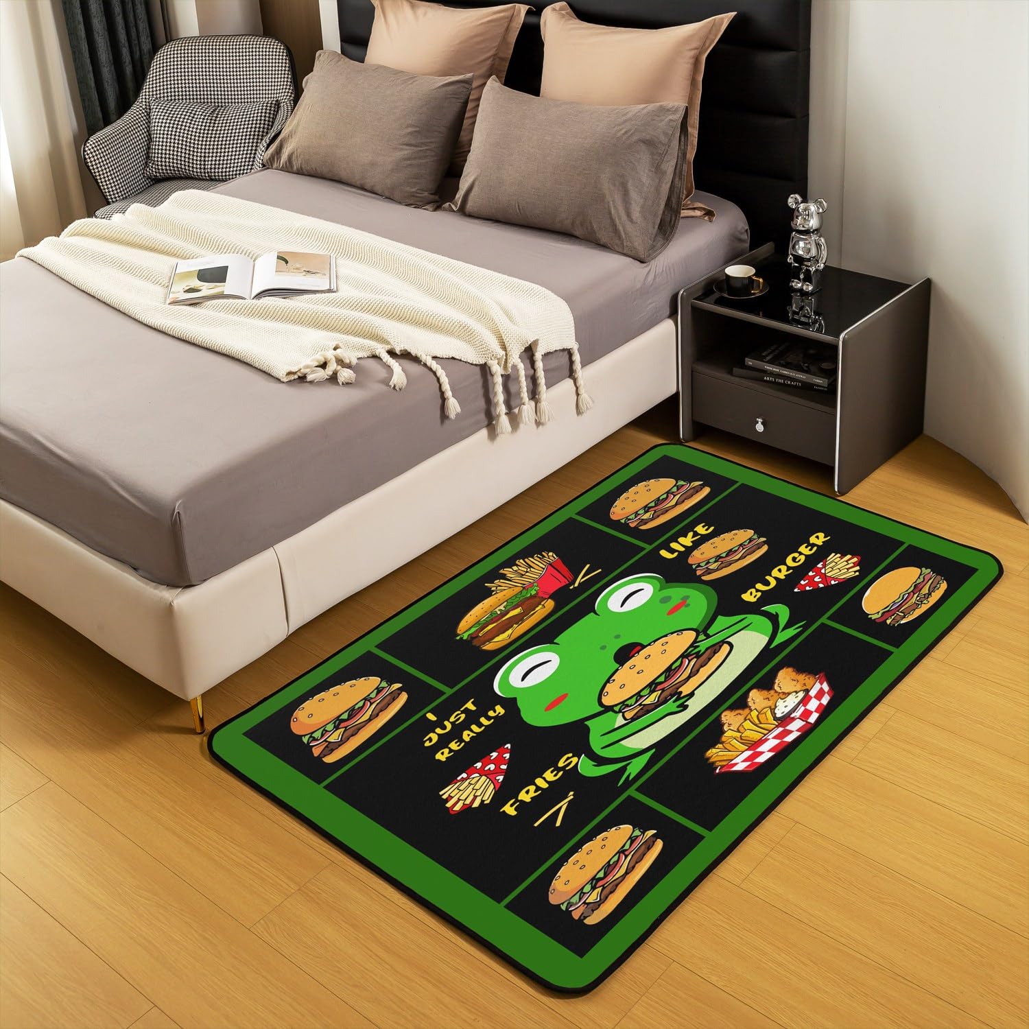 Alfombra de rana de 150 x 200 cm para niños, diseño de rana kawaii, para sala de estar, para niños, niñas, papas fritas, hamburguesas, alimentos, alfombra decorativa de dibujos animados, alfombra