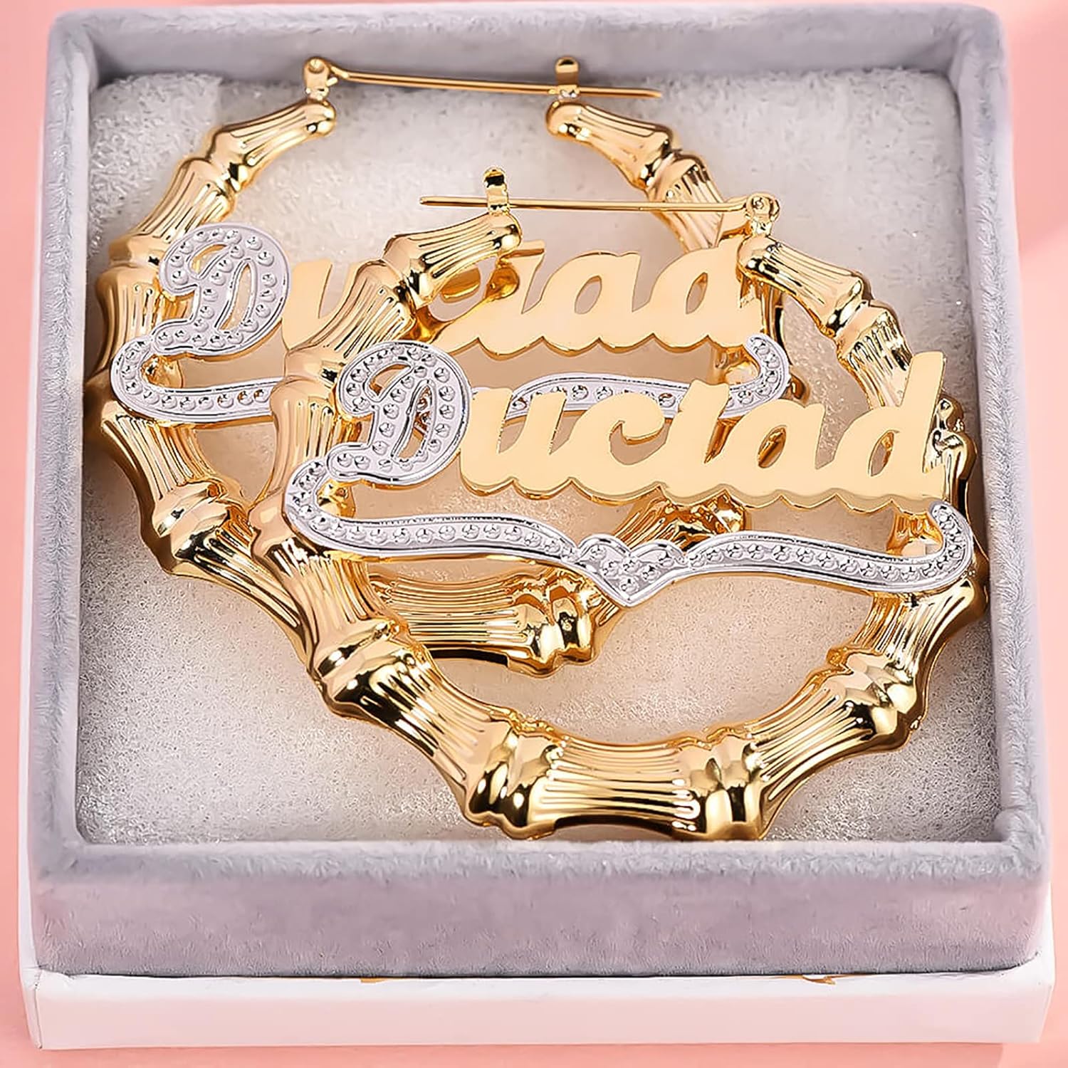 Personalized Name Earrings for Women Bamboo Hoop Custom Nameplate Earrings 18k Gold Plated Initial Name Earrings with Heart Exquisite Birthday Mother's Day Jewelry Gifts for Women Girls