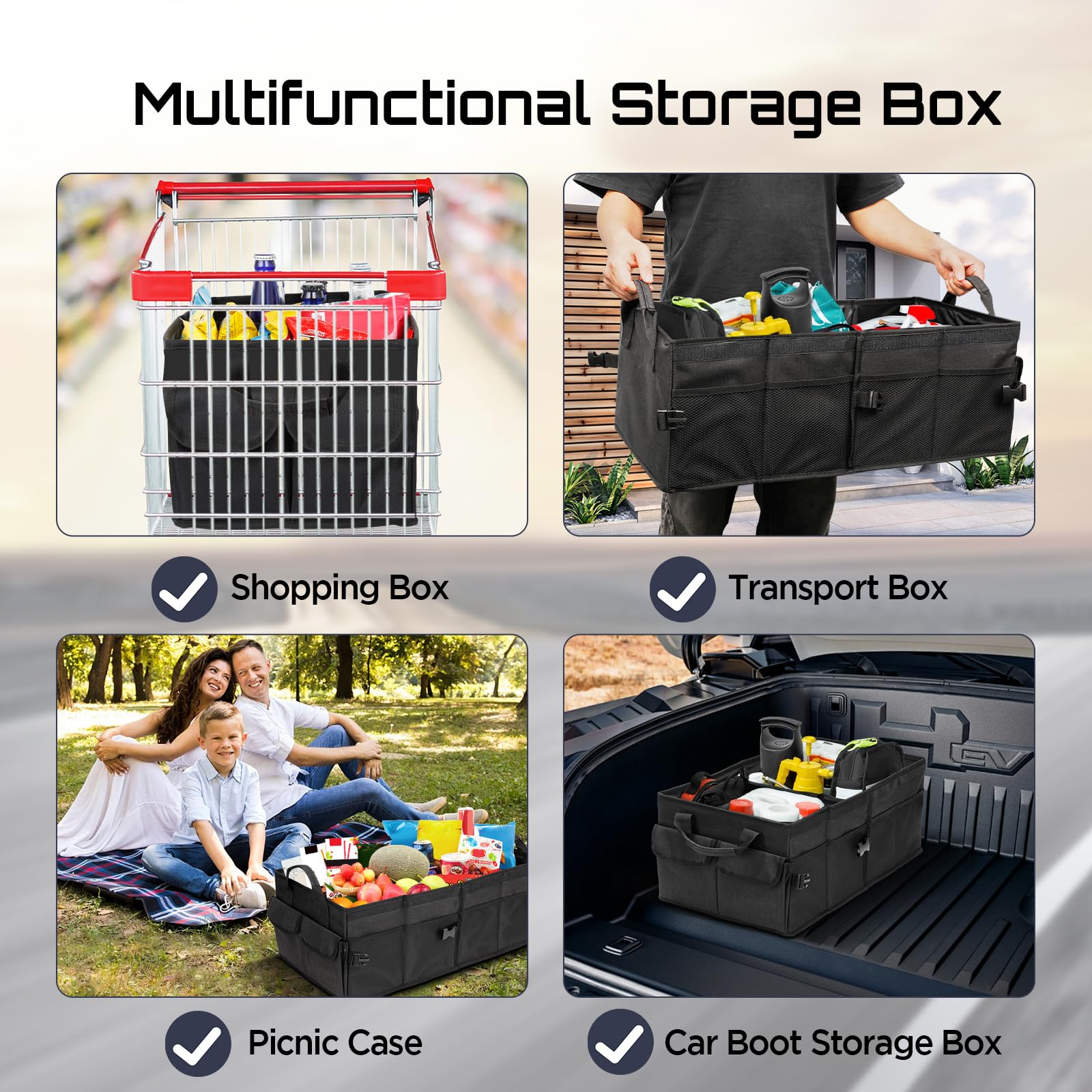 Cozary Rangement Coffre de Voiture avec Couvercle, 46 L Organisateur Voiture Pliable, Tissu Oxford Imperméable, Base Antidérapante pour Famille et Voyages