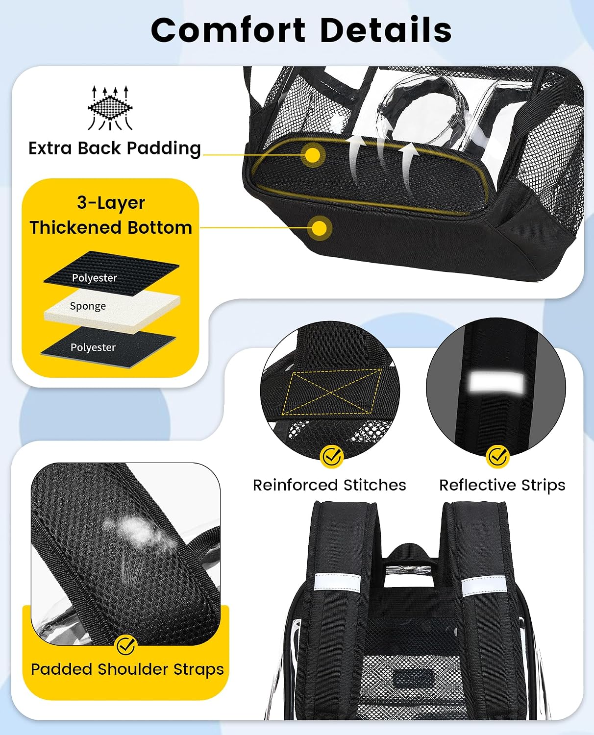 Vorspack Clear Backpack Heavy Duty - Clear Backpacks for School Large Transparent Bookbag with Multi-pockets for Girls Boys See Through Backpack for College Work Travel - Black