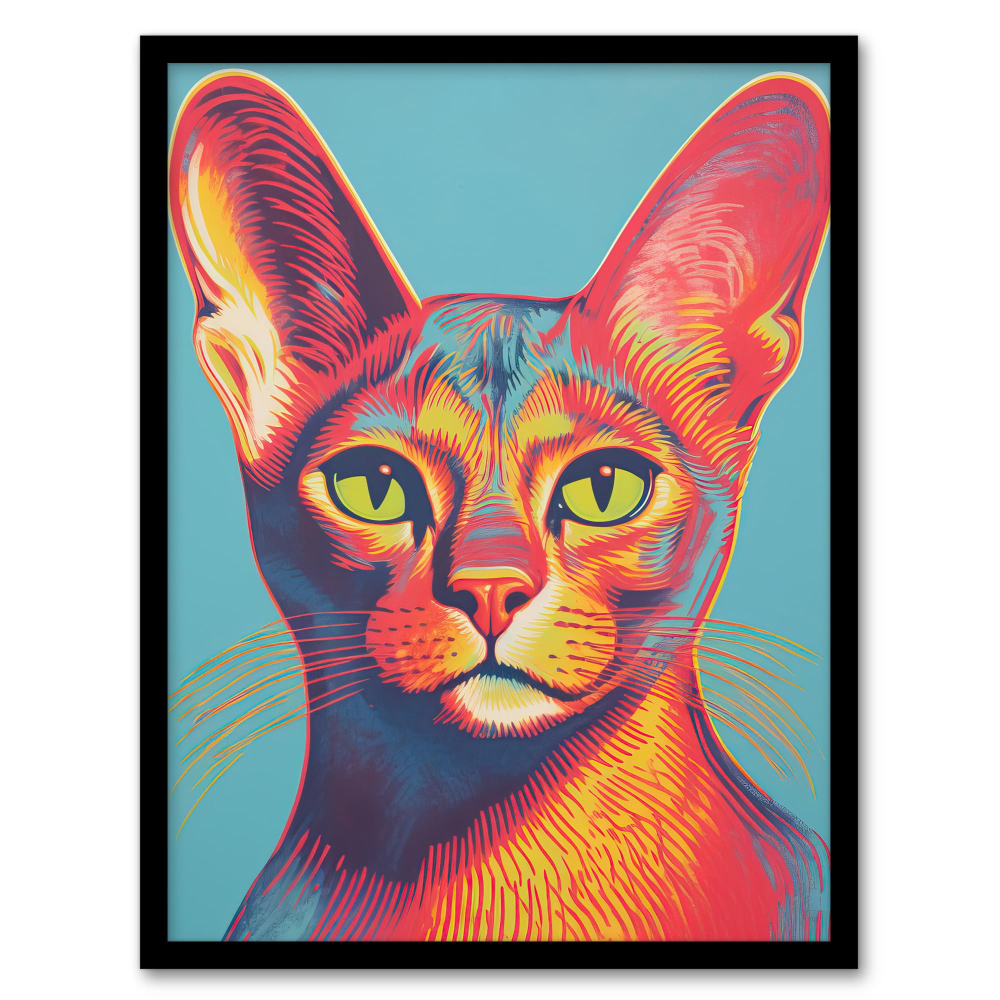 Artery8 Abyssinian Cat Lino Reduction Red On Blue Bold Vibrant Screen Print Risograph Artwork Spot Block Colour Duotone Retro Riso Interior Design Artwork Framed Wall Art Print A4