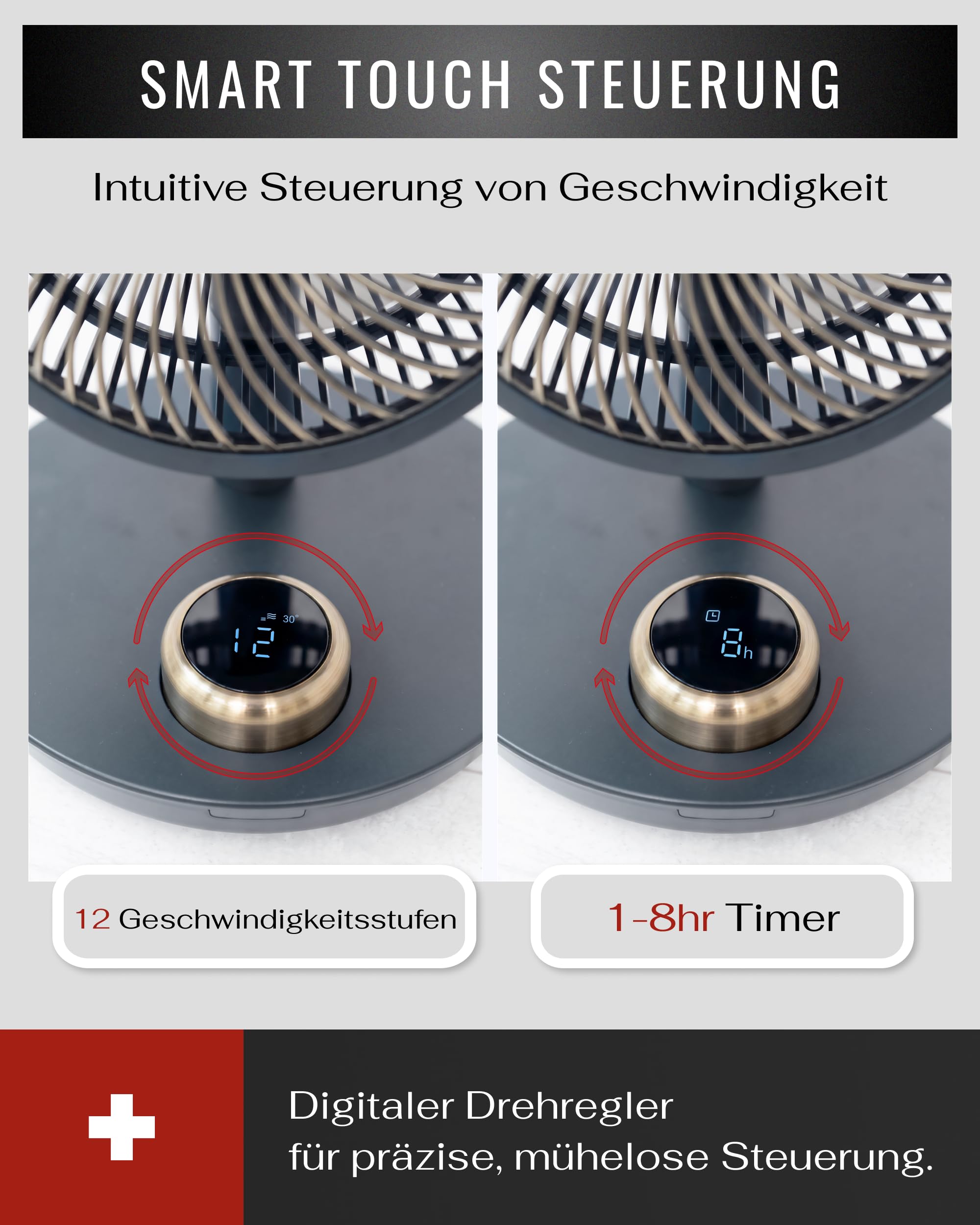 Premium Tischventilator, Ventilator leise aus Metall mit 12 Stufen, Digital-Display, 90° Oszillation, 8h Timer, Luftstrom bis 6,4 m/s, für Schlafzimmer - Anthrazit