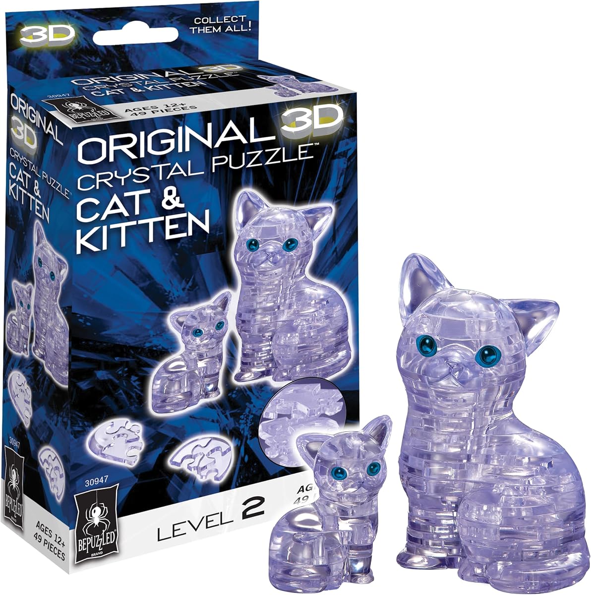 Bepuzzled Original 3D Crystal Puzzle - Cat & Kitten, Clear - Fun yet challenging brain teaser that will test your skills and imagination, For Ages 12+