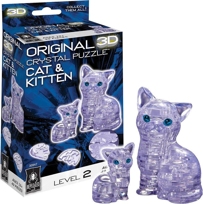 Bepuzzled Original 3D Crystal Puzzle - Cat & Kitten, Clear - Fun yet challenging brain teaser that will test your skills and imagination, For Ages 12+