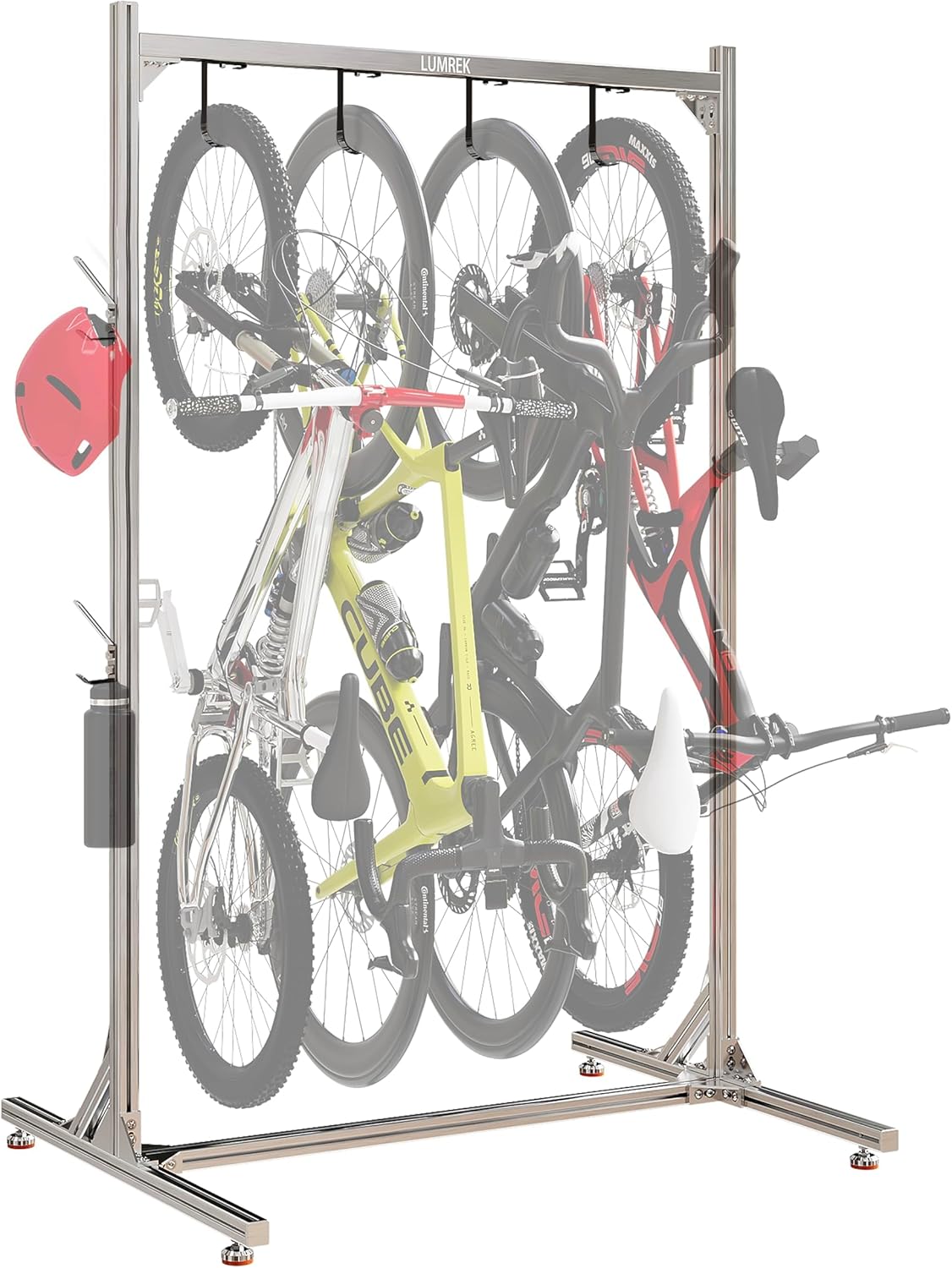 Alumium Alloy Freestanding Bike Rack for 4 Bikes, Vertical Bike Rack with 4 Bike Hooks for Heavy Duty & 2 Hooks for Accessories Tool Room Garage Storage Room Indoor Outdoor