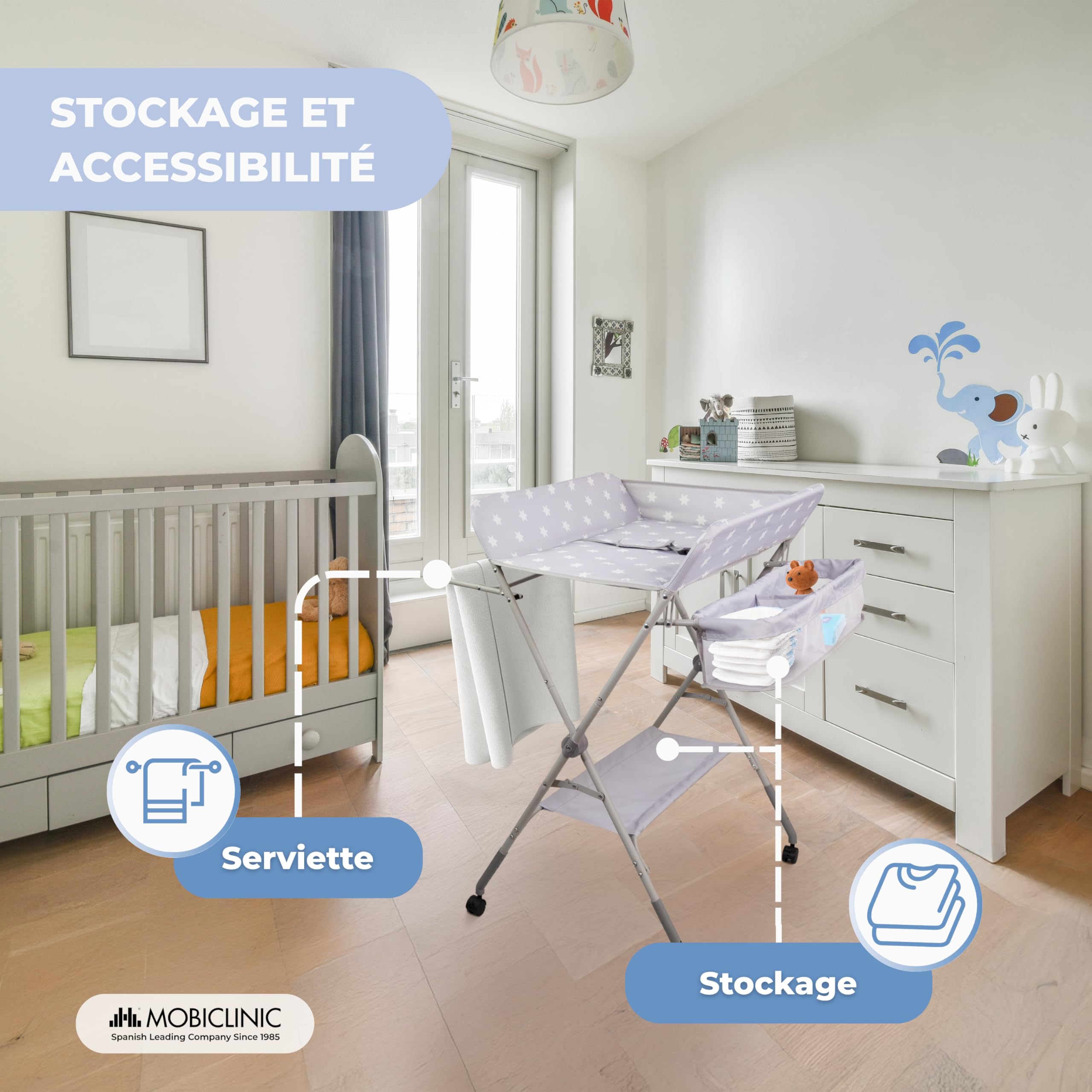 Mobiclinic Table à Langer Pliable Réglable en Hauteur Jusqu'à 15 kg 0-36 Mois Roulettes 360° avec Frein Harnais Barrière de Sécurité Housse Lavable Zoey
