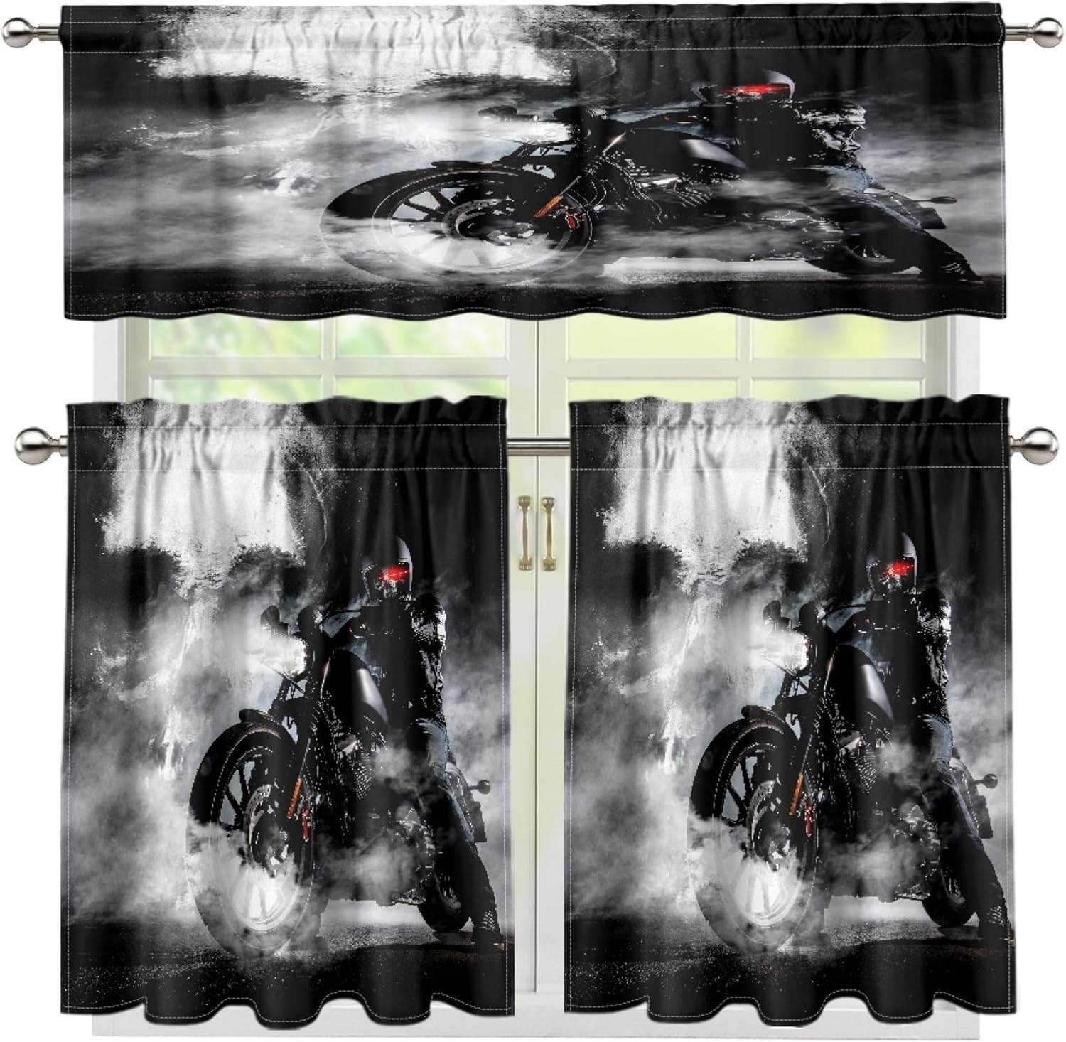 Route 66 Rustic Valance Curtains, Retro Antique Car Vintage Old Classic Car Motorcycle Print Pattern Decor Window Treatments, Rod Pocket Drapes for Cafe Teen Boys Room Kitchen, 54x18in 1P+27x36in 2P