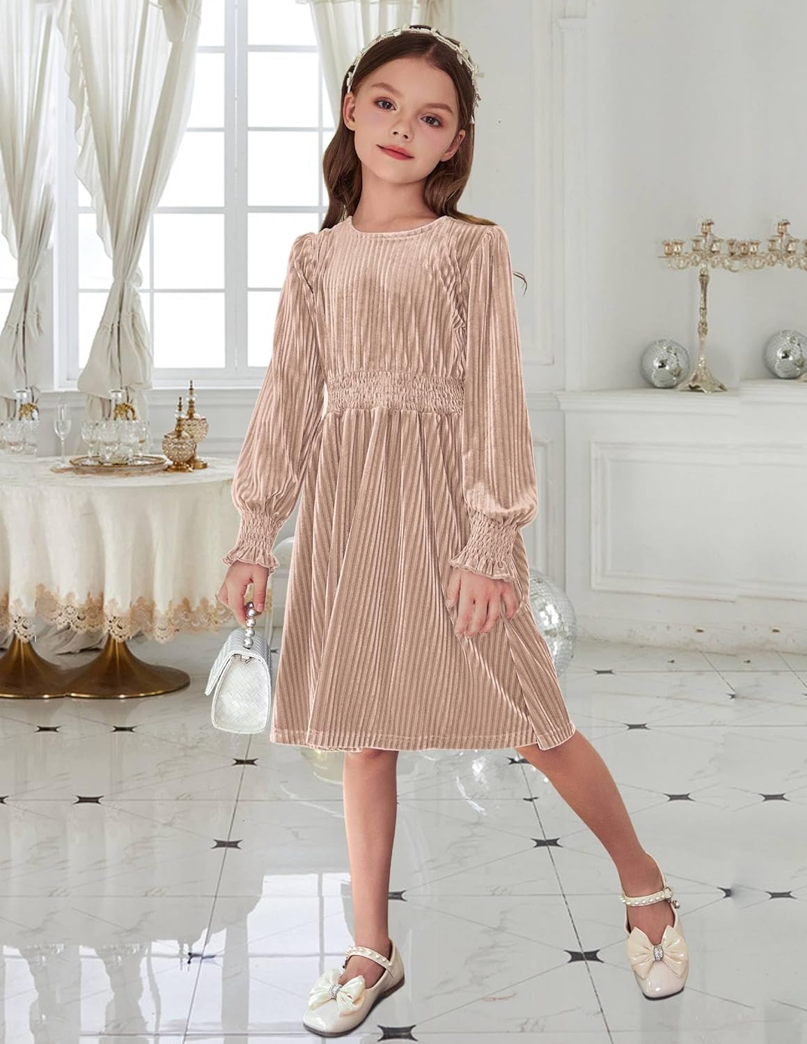 Arshiner Girls Long Sleeve Dress Velvet Crew Neck Midi Fall Vintage Plain Dress for Kids 4-13Y - Image 5