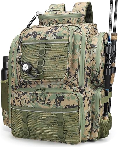Miniatura 9 de Mochila para pesca, bolsa de pesca con soportes para cañas. Mochila de aparejos grande con materiales resistentes Negro,Camouflaje,Verde