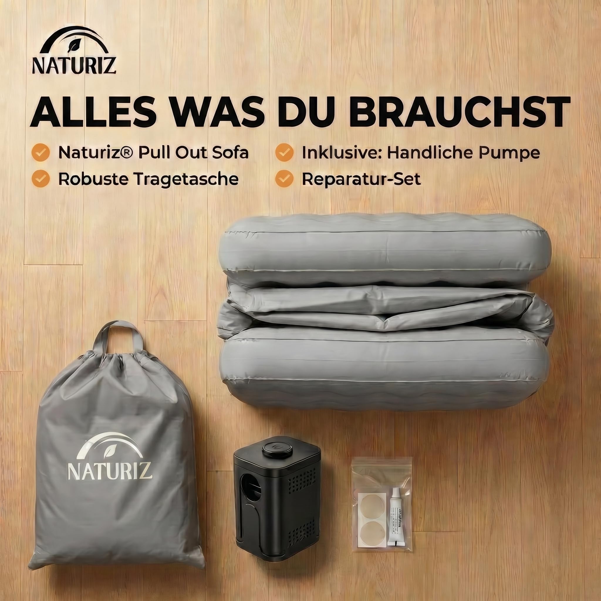 Naturiz® Pull Out Sofa 165x220cm - Camping Sofa mit Bettfunktion - Gästebett 2 Personen - Aufblasbares Sofa mit Tragetasche - kleines Mini Sofa, Mini Couch, Luftsofa (Grau, mit Pumpe)