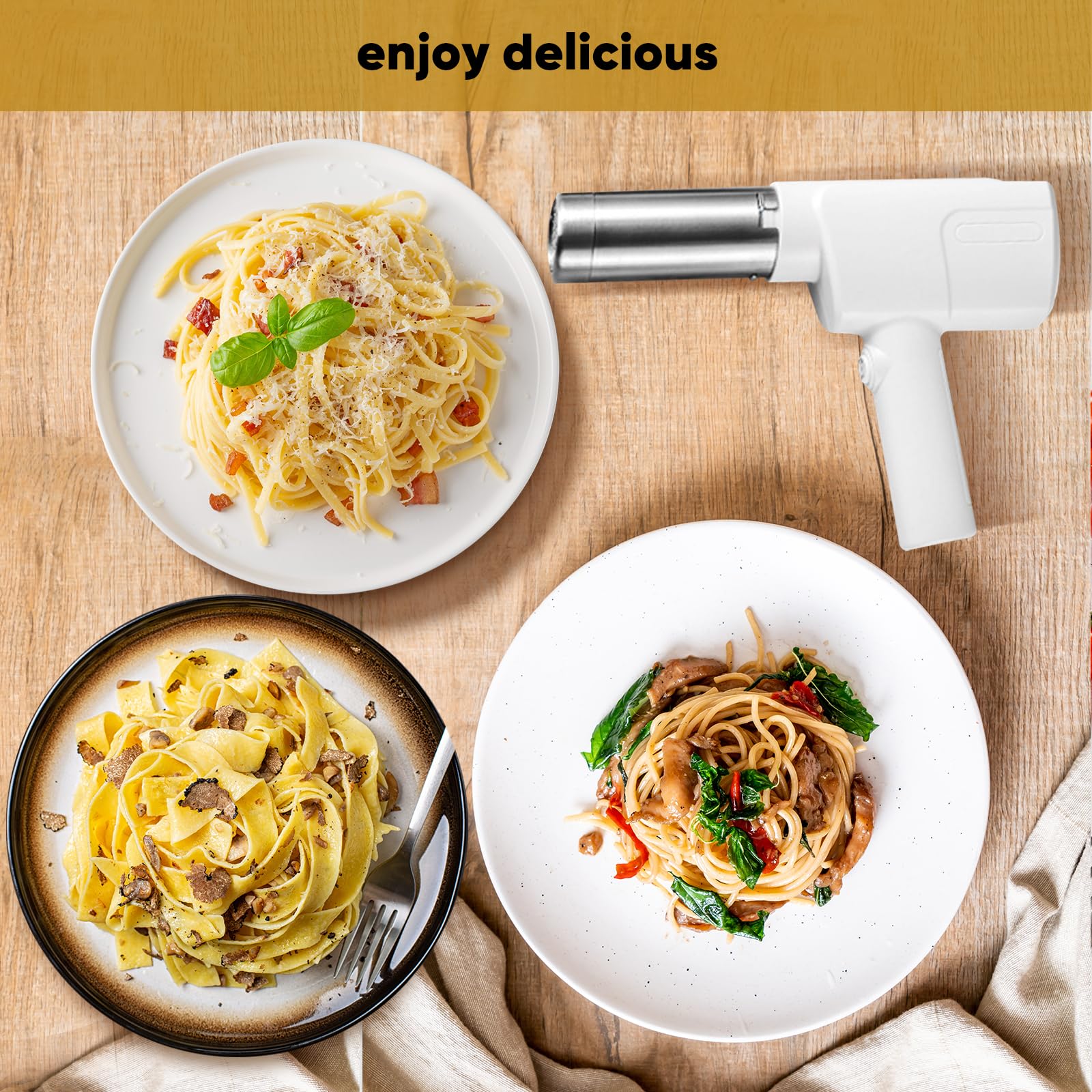 Máquina de Pasta Eléctrica,Aleación de aluminio maquina pasta fresca 2000 mAh con 5 accesorios,Inalámbrico maquina pasta,Desmontable Pasta Maker(Blanco)