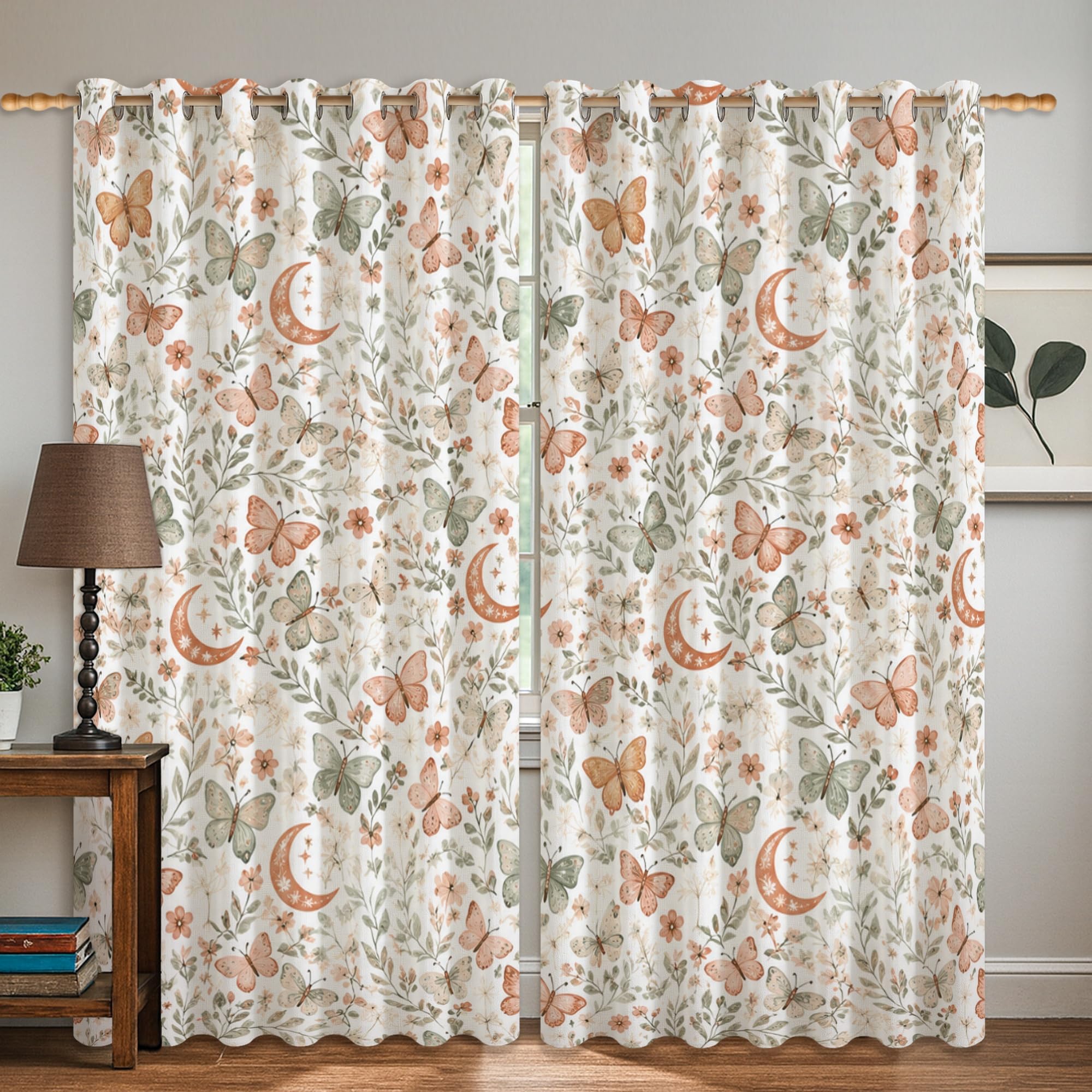 Rideaux occultants à œillets vert 106x160cm motif floral et lune pour salon