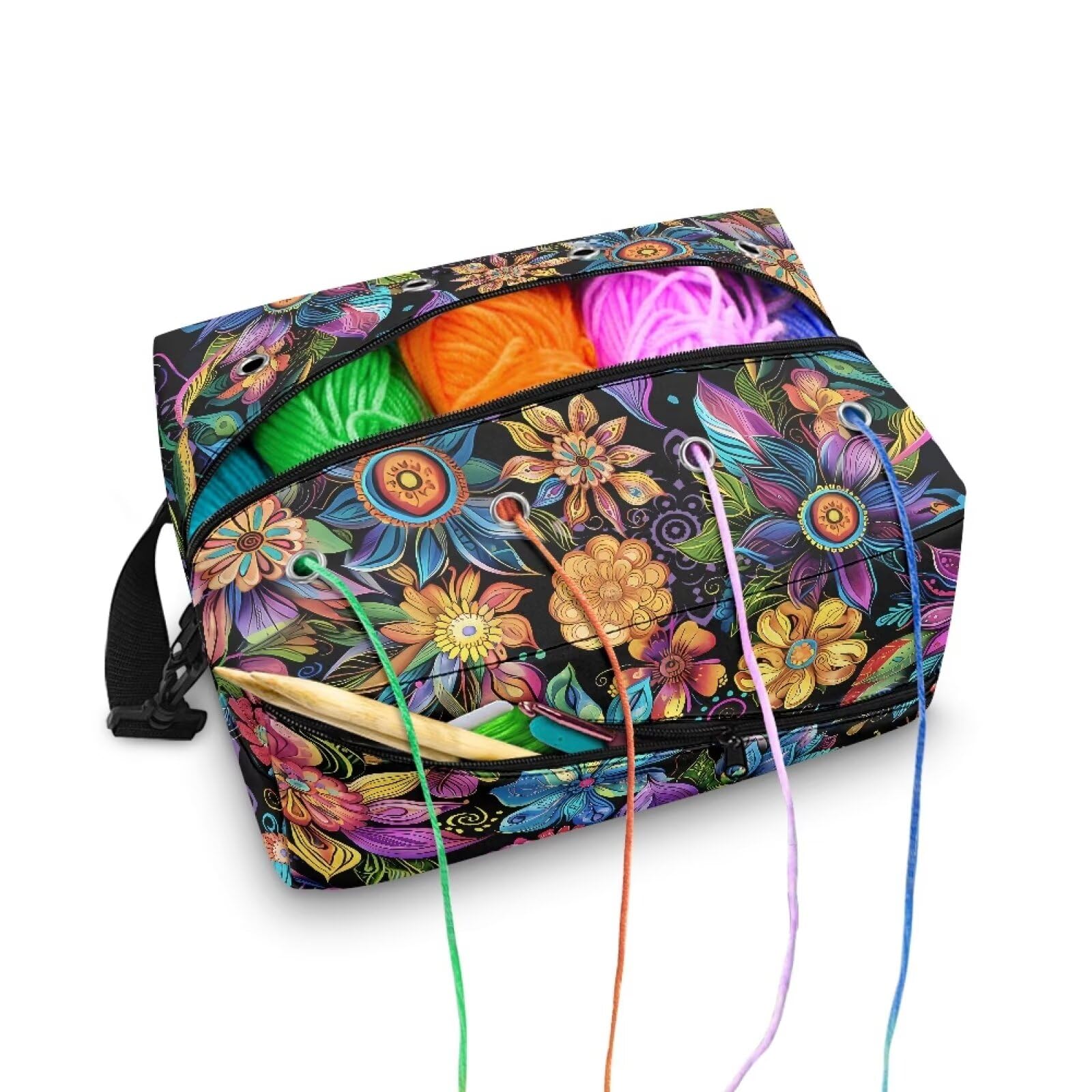 Drnuikhe Hibiscus Flower Crochet Bag Knitting Bag for Yarn Storage Portable Yarn Storage Bag for Beginners Crochet Lovers, Traveling Crochet Yarn Bag for Carrying All Knitting &amp; Crochet Supplies