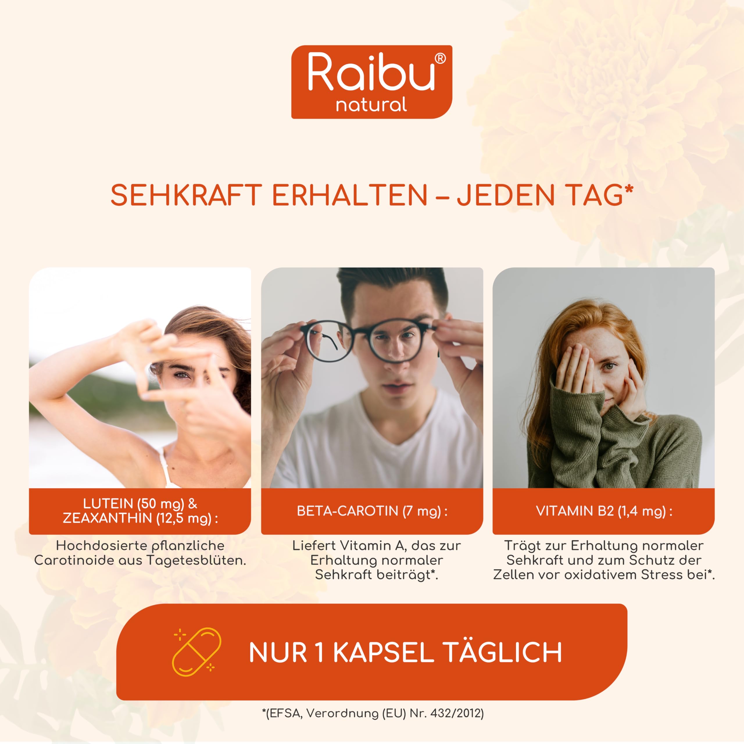 Lutein Zeaxanthin Kapseln, Augenvitamine hochdosiert - 50mg Lutein + 12,5mg Zeaxanthin - 4 Monatsvorrat Augen Kapseln - Mit Vitamin A & B2-1 Kapsel täglich - Vegan & natürlich