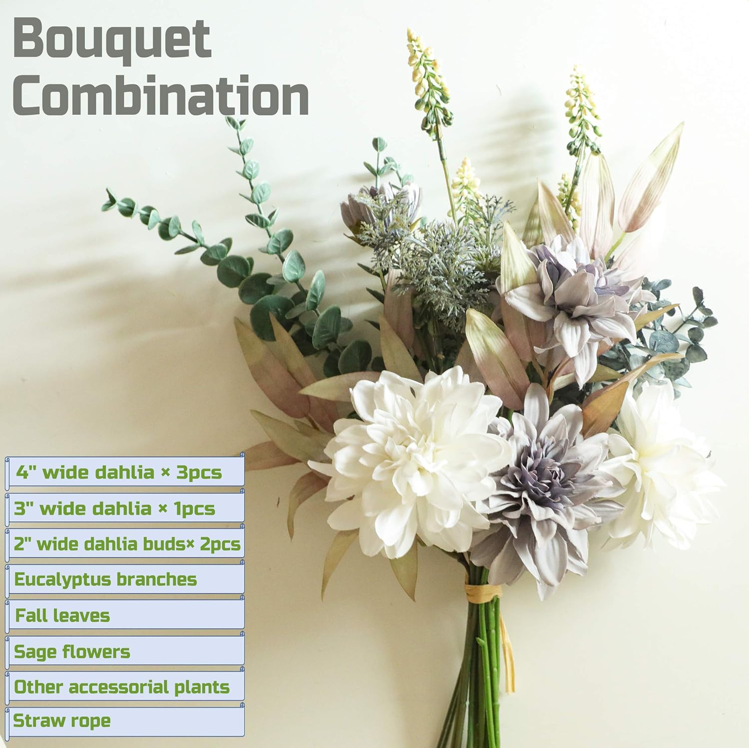 Artificial Flower Bouquet 2pcs 20 Inch Wedding Bouquets with Silk Dahlias for Bridesmaid Bridal DIY Bouquet Home Décor Centerpieces(White and Blue Violet Color)