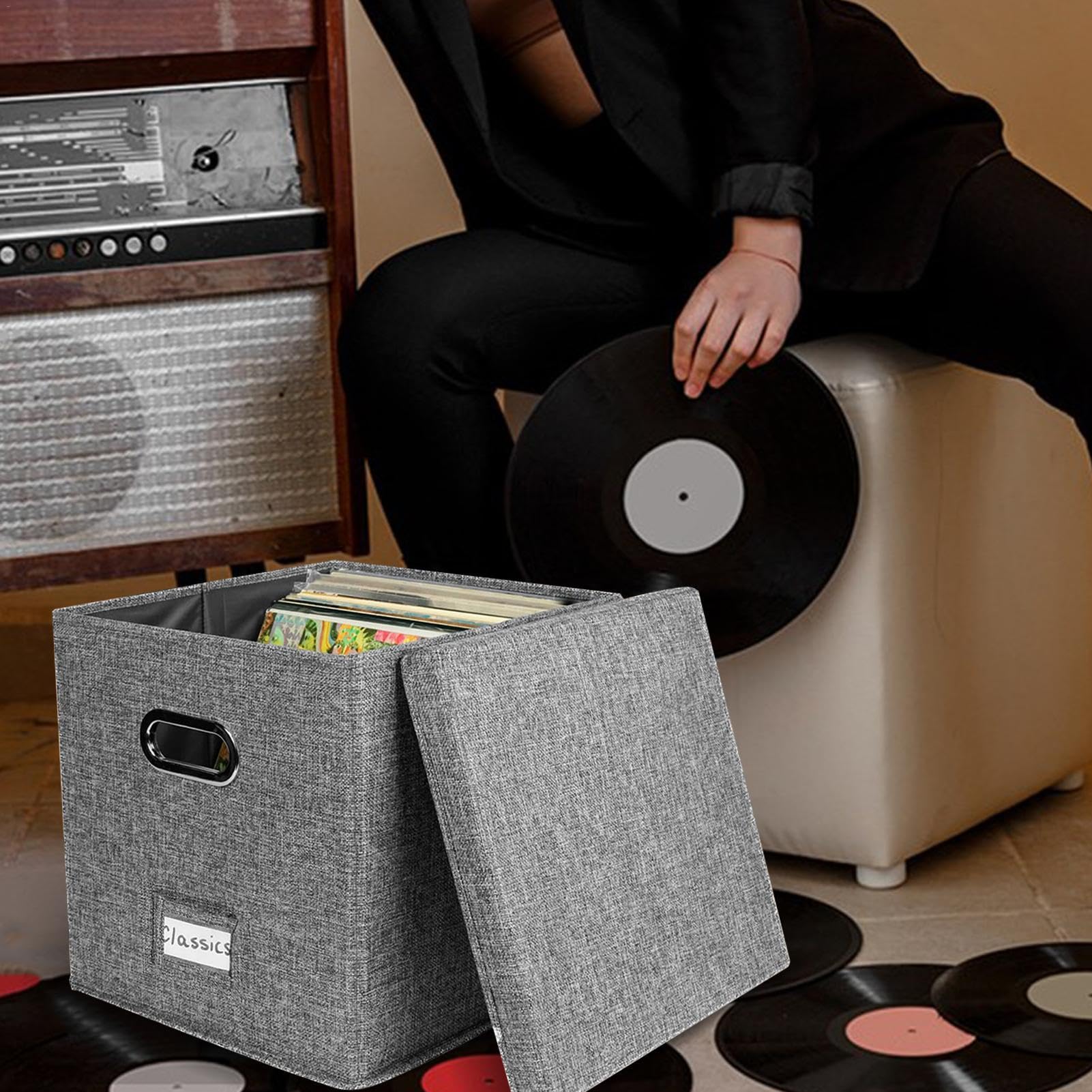 Scatola Porta Dischi In Vinile 33x33x33 Cm, Capienza 120 LP, In Tessuto Di Lino Nero, Impilabile, Protezione Da Polvere E Urti - Perfetta Per Collezionisti