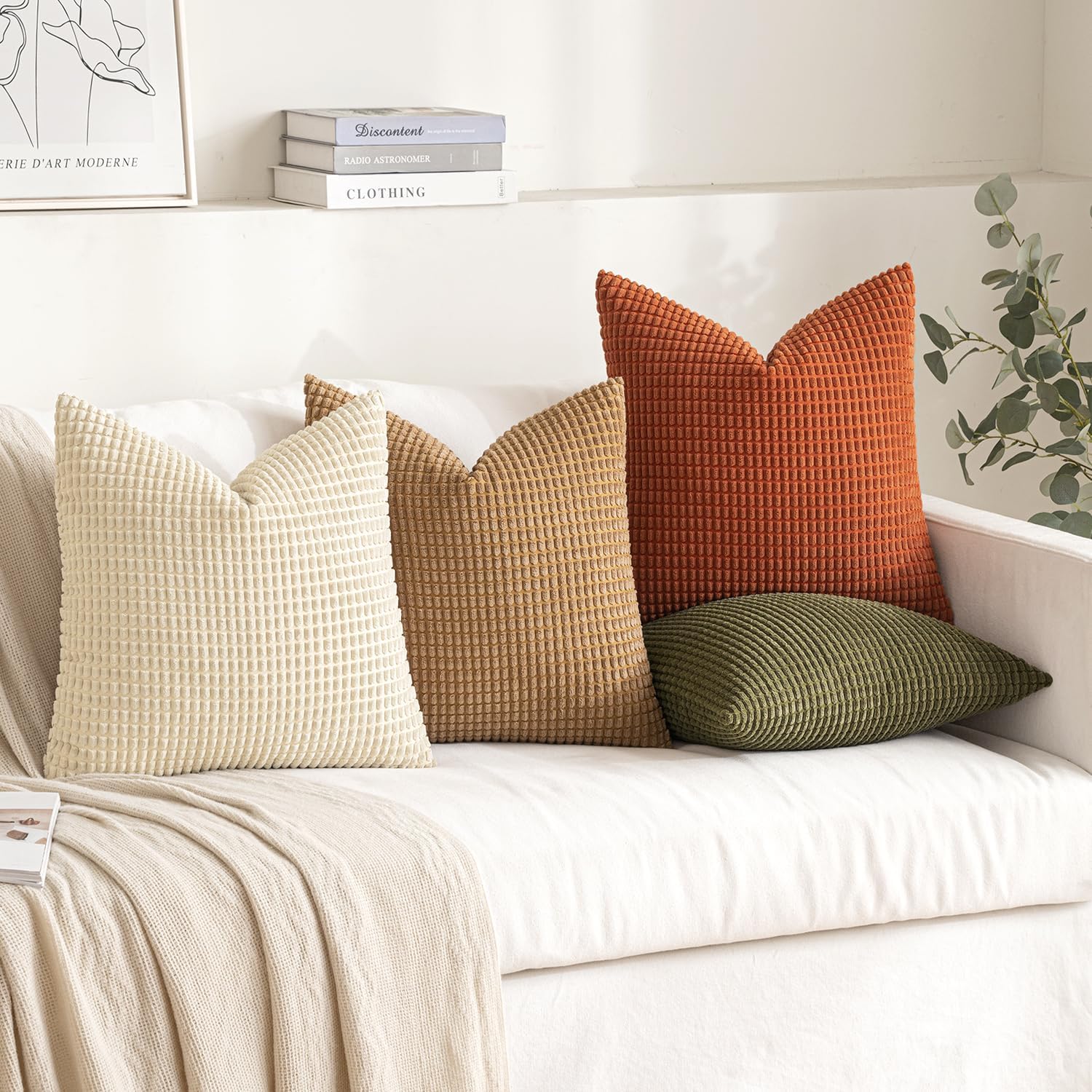 MIULEE Pack of 4 Feather and Down Pillow Inserts Bundle Pack of 4 Corduroy Modern Farmhouse Pillow Covers Brown Green