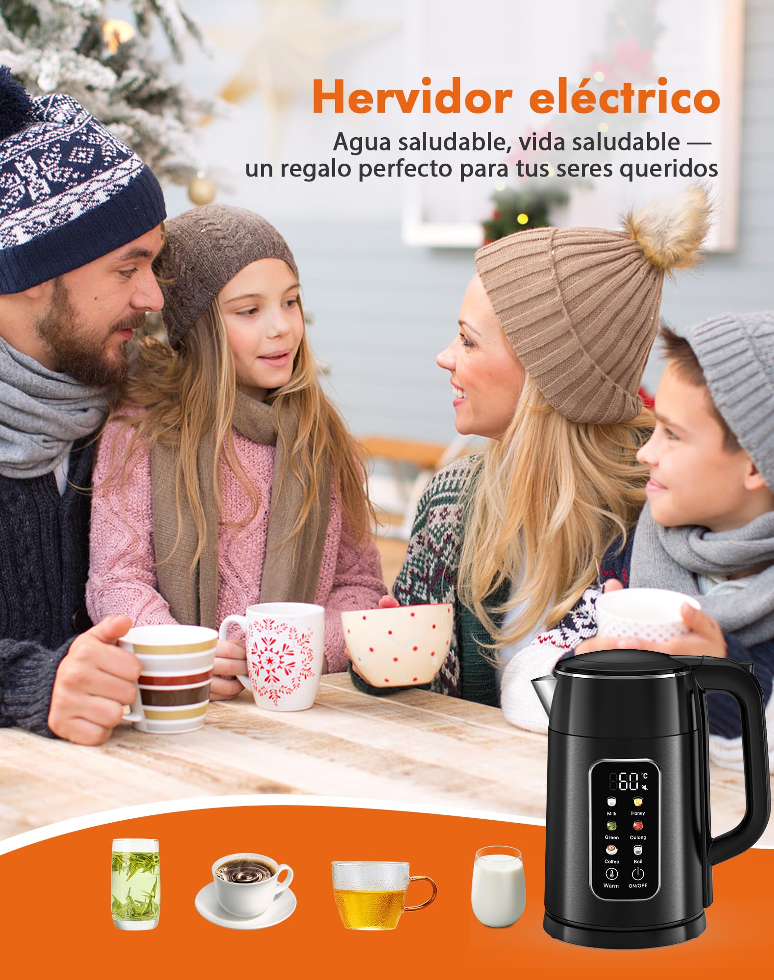 Hervidor de Agua Eléctrico 1,7L 2200W con Control de Temperatura y Pantalla LED - Acero Inoxidable 304 Libre de BPA, Doble Pared Tacto Frío, Función Mantener Calor 2H, Apagado Automático (negro)