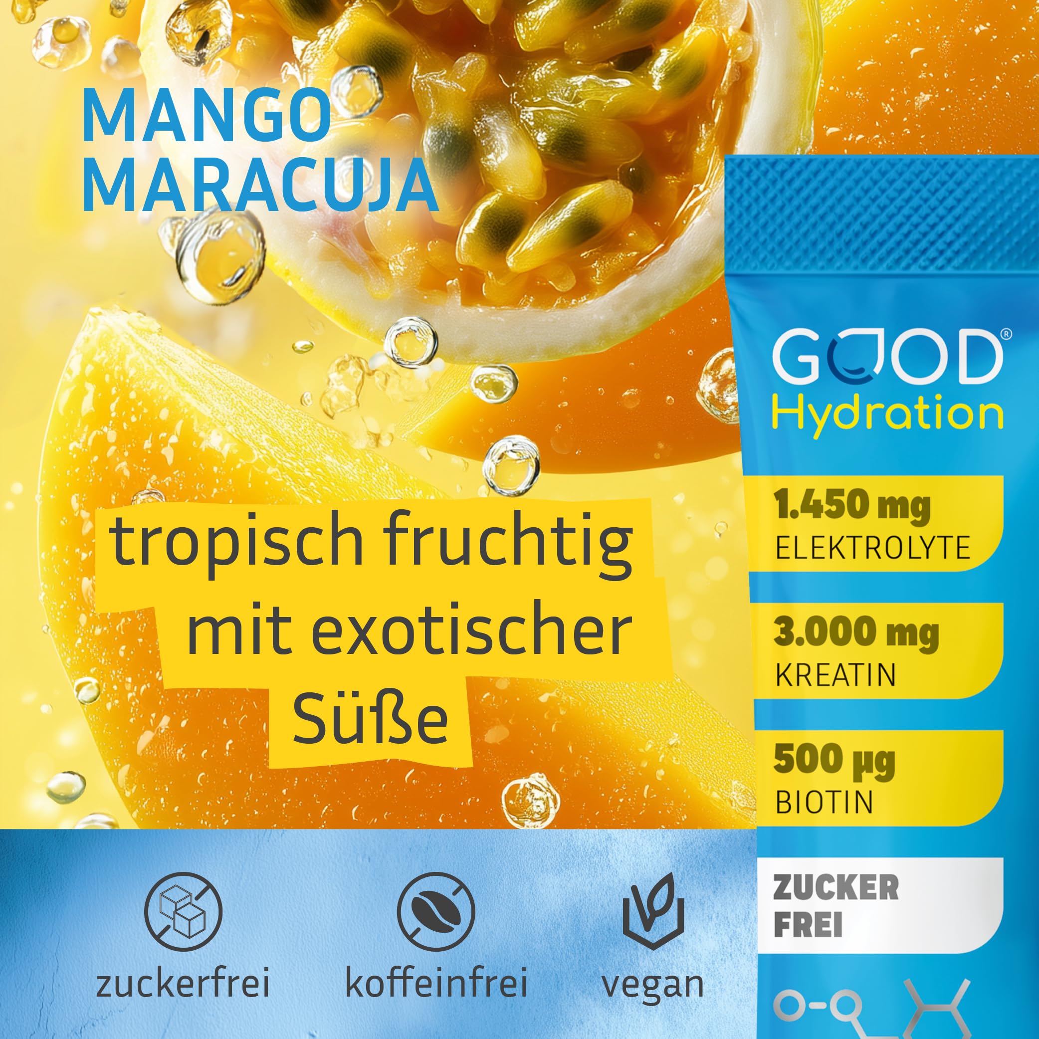 Rehydration PLUS KREATIN Mango Maracuja - Weltneuheit: 1450mg Elektrolyte plus Creatine Monohydrate - OHNE ZUCKER - mit Biotin und 6 Vitaminen – Elektrolytpulver für Sport - 20 Sticks