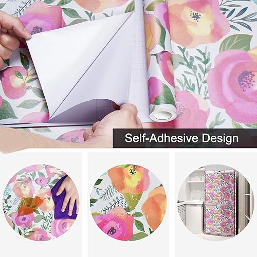 Miniatura 6 de WENMER Papel tapiz floral rosa para despegar y pegar de 17.7 x 78.7 pulgadas, acuarela decorativa de flores rosas durazno, extraíble, para tocador,