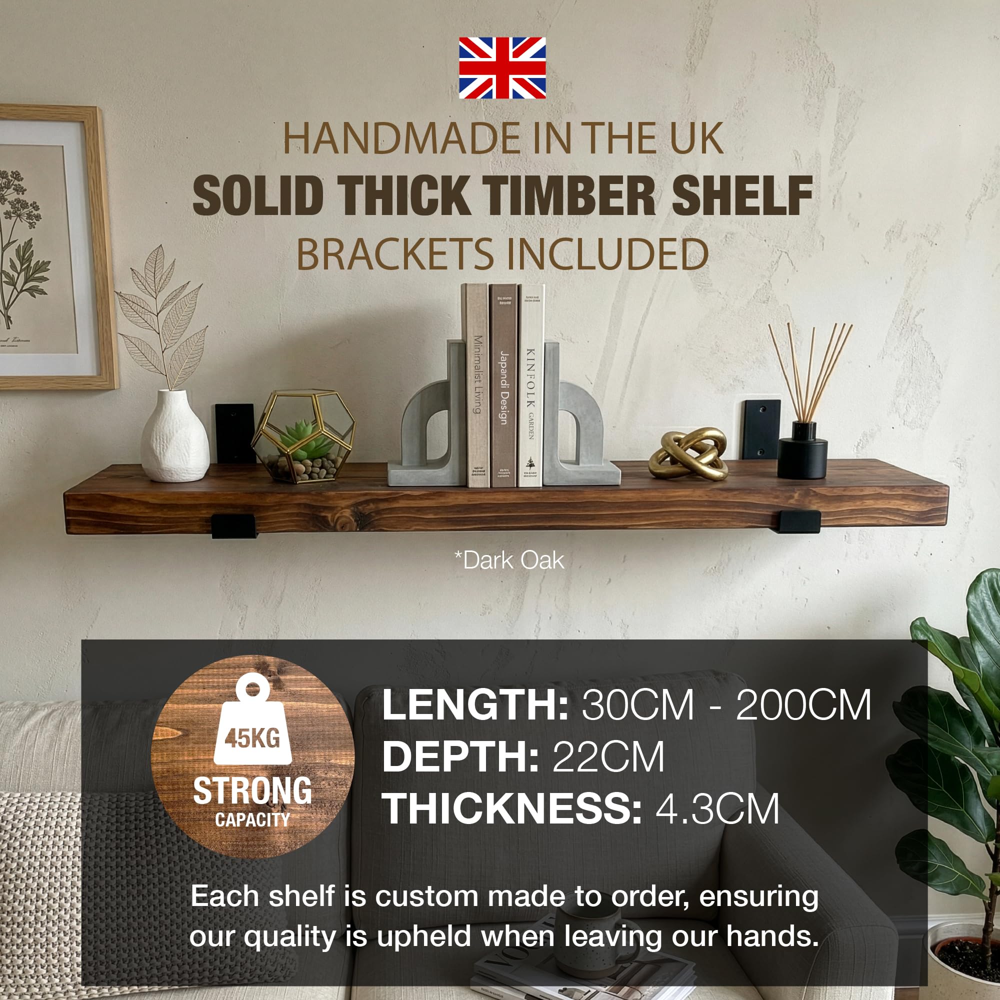 Top Notch Home & Living Handcrafted Rustic Wooden Wall Shelf, Incl 2 Up Brackets - Image 2