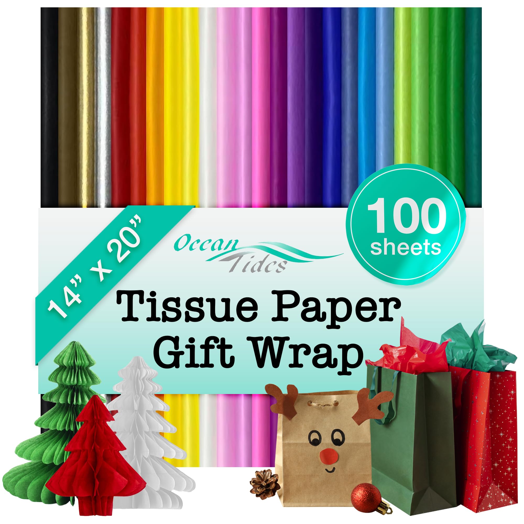 Ocean Tides 100 Sheets (14 x 20 Inches) Christmas Wrapping Paper – Gift Wrapping Tissue Paper Bulk for Crafts, Birthdays, & Holidays – Colored Tissue Papers for Gift Bags & Decorations, Assorted