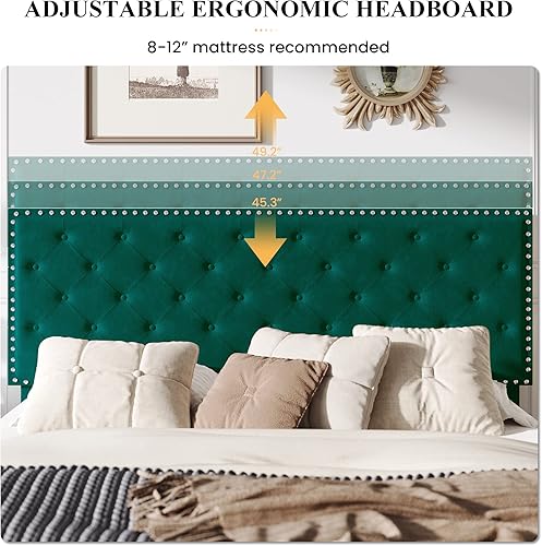 Miniatura 55 de SHA CERLIN Base de cama de terciopelo tamaño Queen con cabecera ajustable, botón de diamante y decoración de remaches, no necesita somier, color