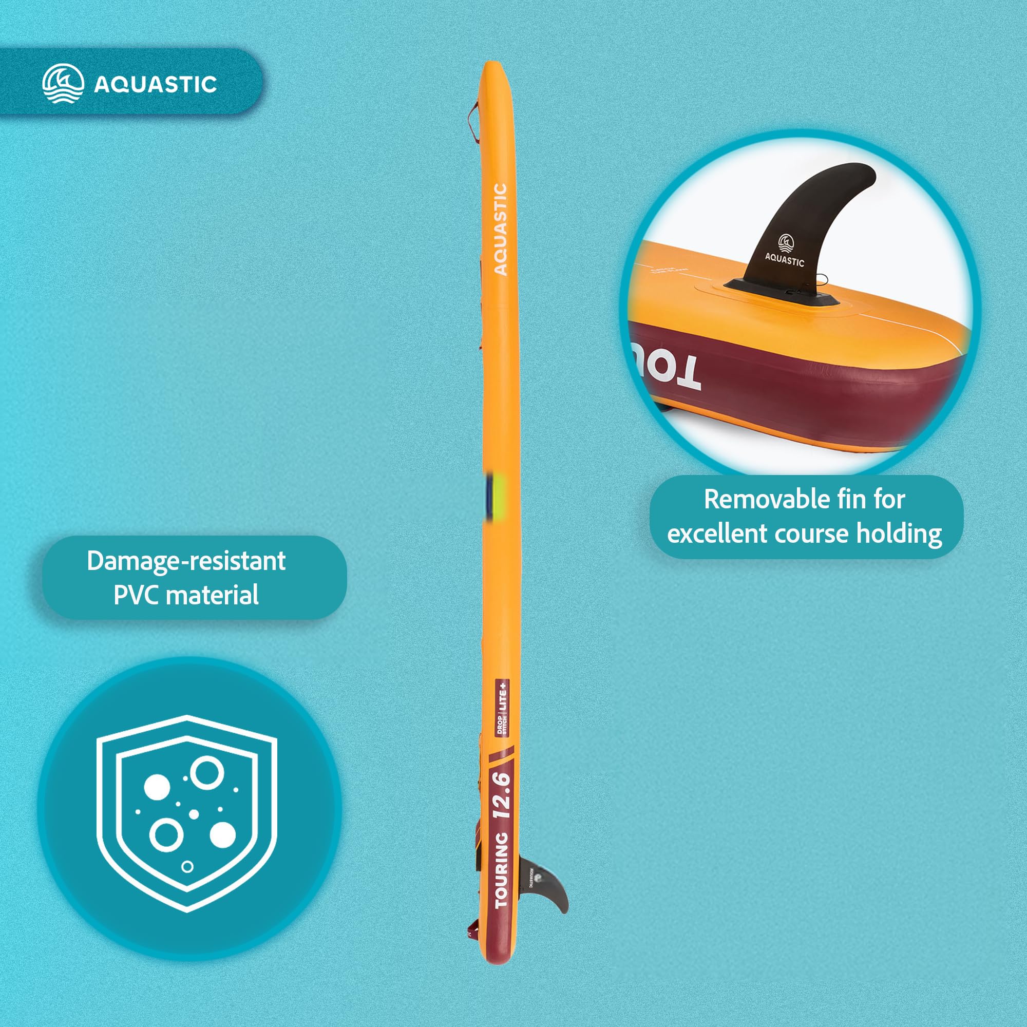 Paddle Gonflable AQUASTIC Touring 12'6'' – PVC 2600 G/m², Drop Stitch Lite+, 381x76x15 Cm, 355 L, Charge 165 Kg
