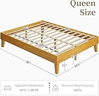 Vista 20 de Yaheetech Base de cama matrimonial con plataforma de madera maciza natural con soporte de listones de madera, espacio debajo de la cama de 12 Nogal