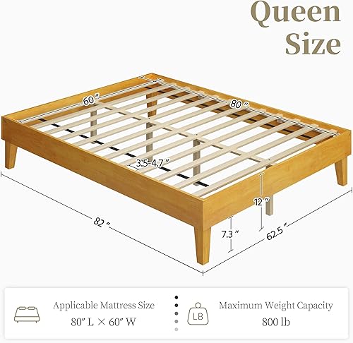 Miniatura 11 de Yaheetech Base de cama Queen con plataforma de madera maciza natural con soporte de listones de madera, espacio debajo de la cama de 12 pulgadas
