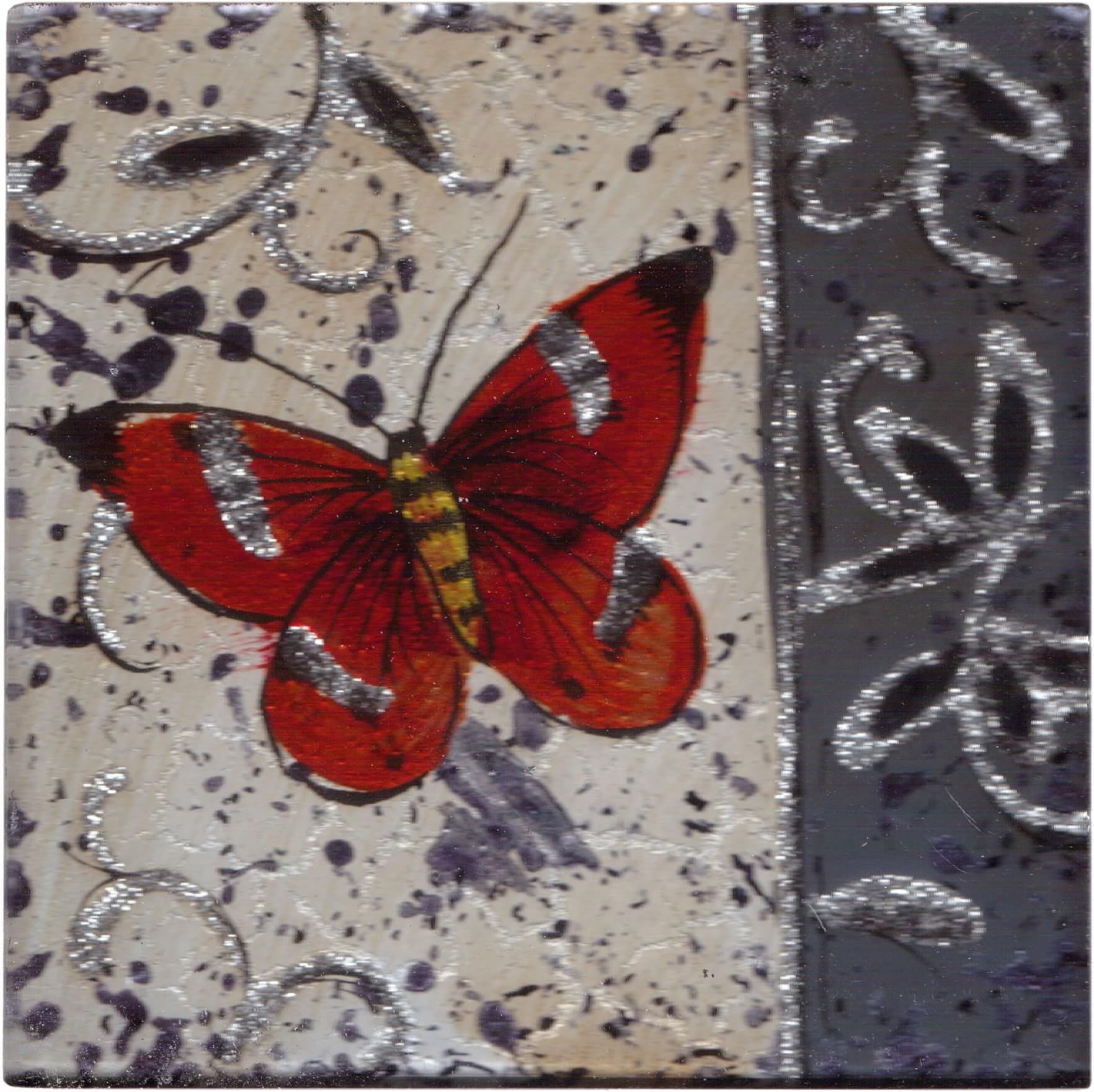 Set of 4 Square Glass Drinks Coasters - Clematis Butterfly Orange