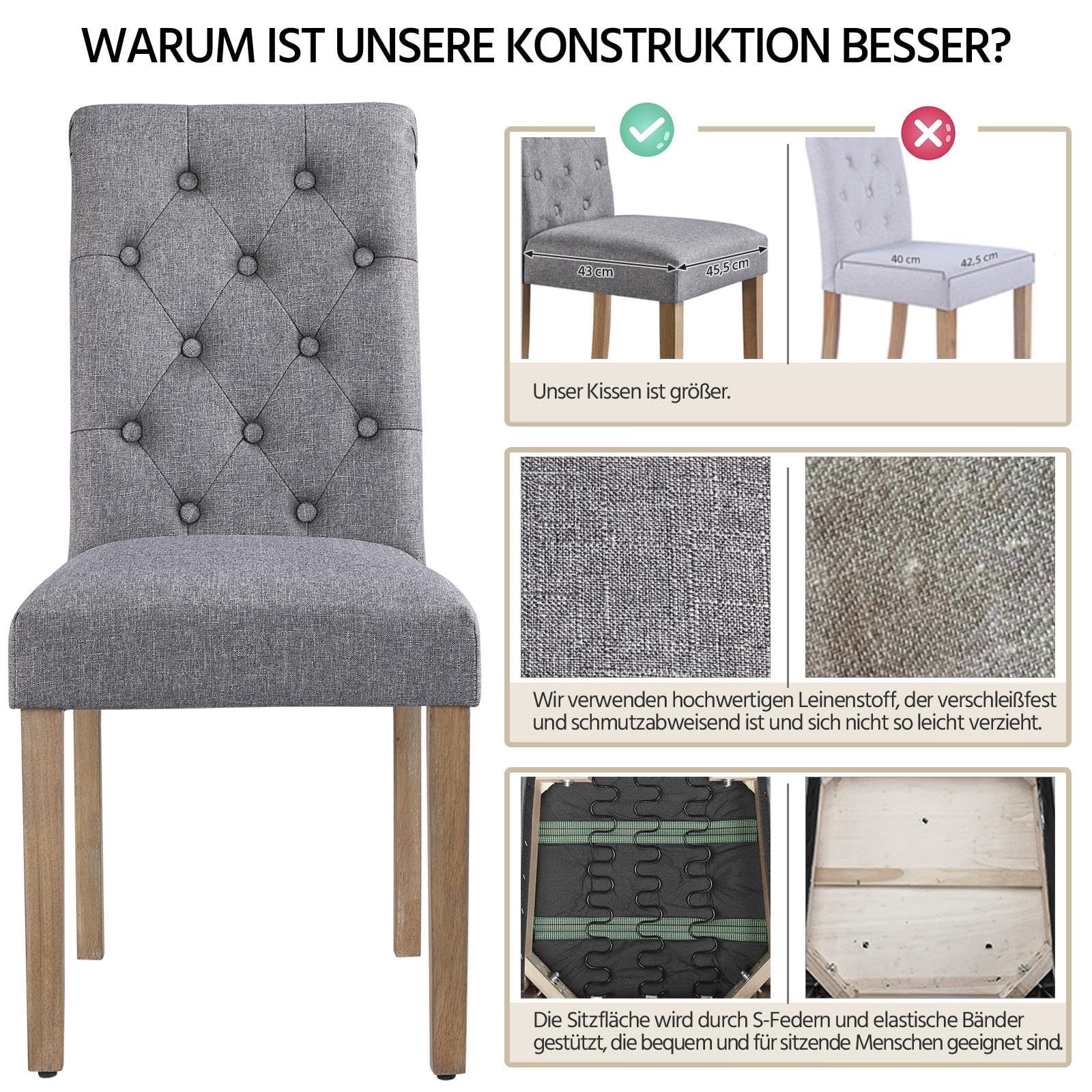 Yaheetech 6er Esszimmerstühle Küchenstuhl Polsterstuhl Wohnzimmerstuhl Essgruppe Leinen Massivholz Dunkelgrau
