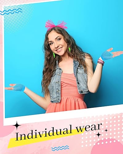 Miniatura 6 de Blulu Accesorios de disfraz de los años 80 para mujer, diadema de encaje, aretes de neón, guantes de red para fiesta retro de los años 80, Halloween