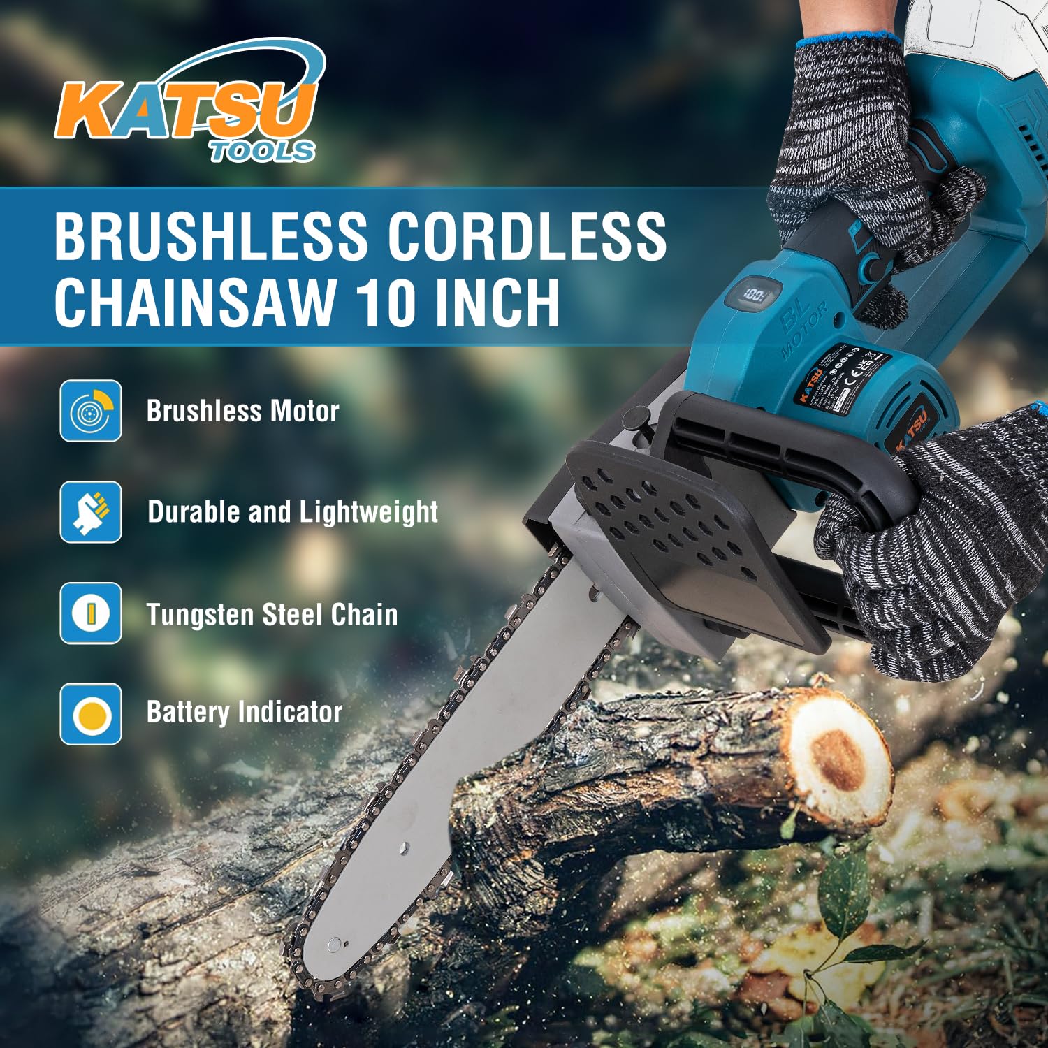 KATSU FIT-BAT 21V Motosega a Batteria Brushless, 750W 10" Motosega Elettrica senza Spazzole per Taglio del Legno Potatura Giardinaggio, senza Batteria o Caricabatterie 102733