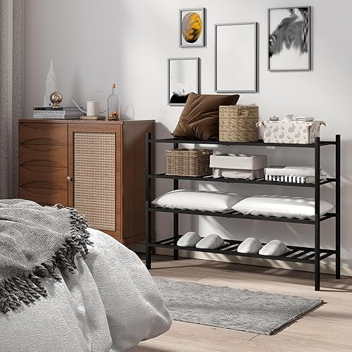 Miniatura 2 de Zapatero largo, organizador de almacenamiento apilable de bambú de 4 niveles, soporte de zapatos para armario, entrada y pasillo (negro)