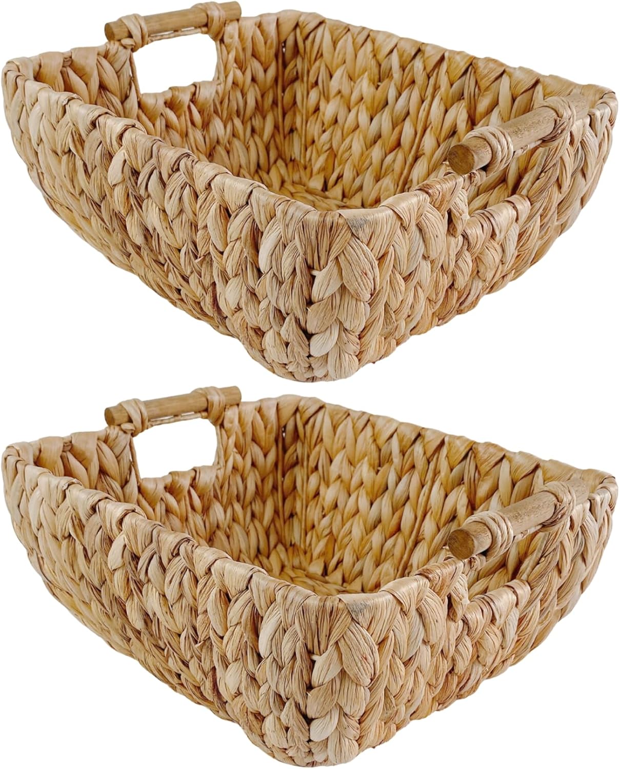 Medium Rectangular Handwoven Wicker Basket - Water Hyacinth Storage Baskets with 2 Polished Wooden Handles for Store Hand Towel, Fruits & Veggies etc – 10.75"x15.25"x5" - Pack of 2 - Natural