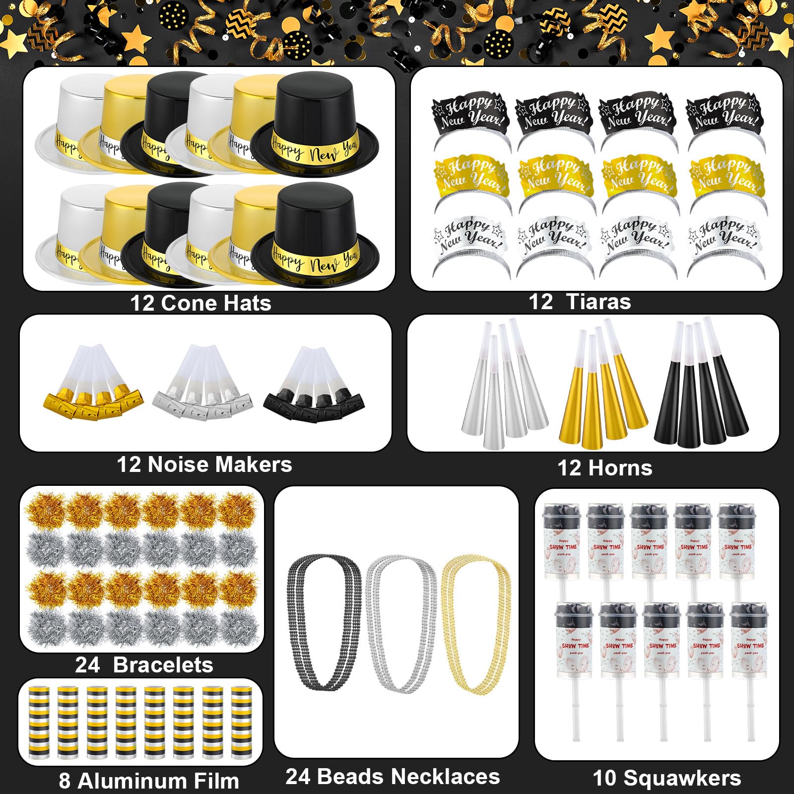 Ceenna 114 Pcs 2025 New Year's Eve Party Decorations Supplies for 24 Guests 12 Happy New Year Hats 12 Tiara 12 Blowing Horns 12 Metallic Fringed Noise Makers 24 Necklaces 24 Bracelets 10 Celebrations