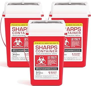 Sharps Container Large - Sharps Containers for Home Use and Labs - Portable Needle Disposal and Travel Size Biohazard Bin - 1 Quart (Pack of 3)