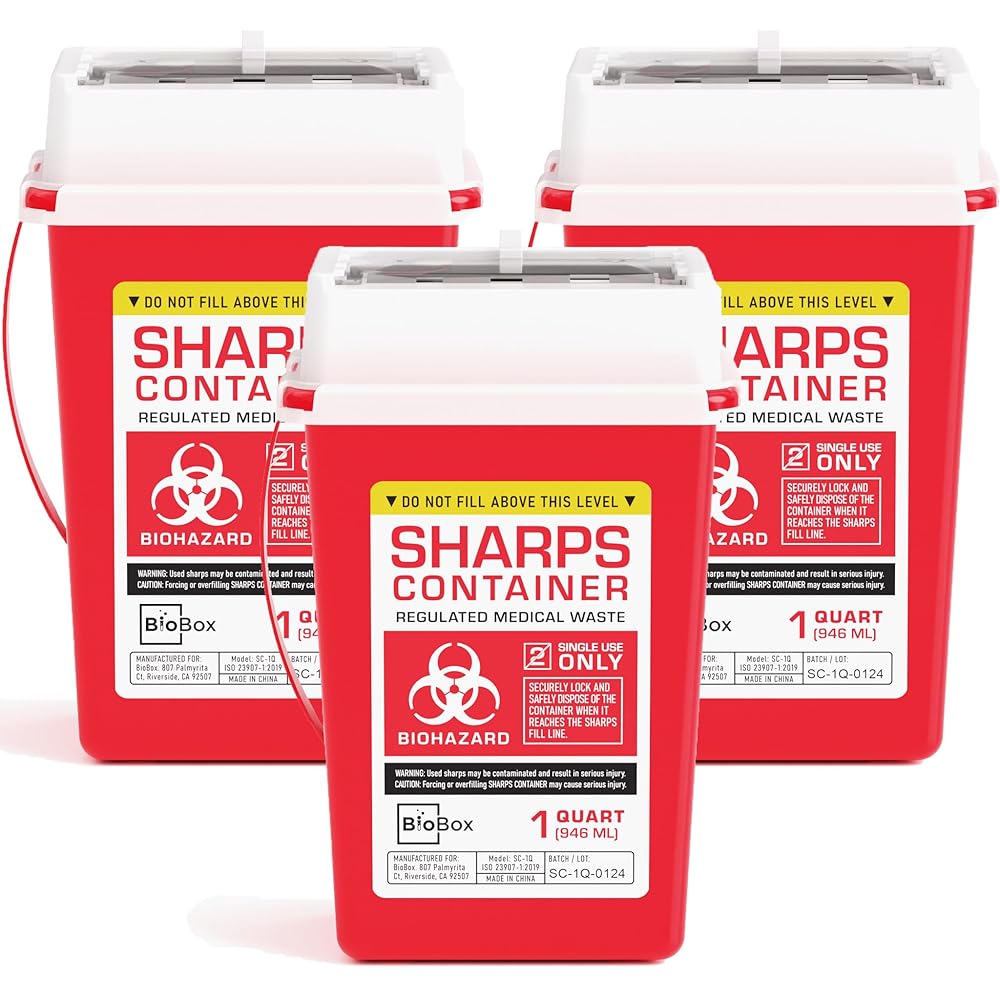 Sharps Container Small - Sharps Containers for Home Use and Labs - Portable Needle Disposal and Travel Size Biohazard Bin - 1 Quart (Pack of 3)