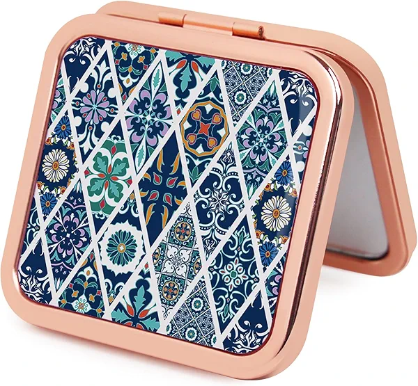 PDOZV Purse Mirror Compact, Rosegold Square 2.8”×2.8” Metal Frame DropRubber Style Double Sided 1X/2X Small Mirror for Purse (Ethinc03)