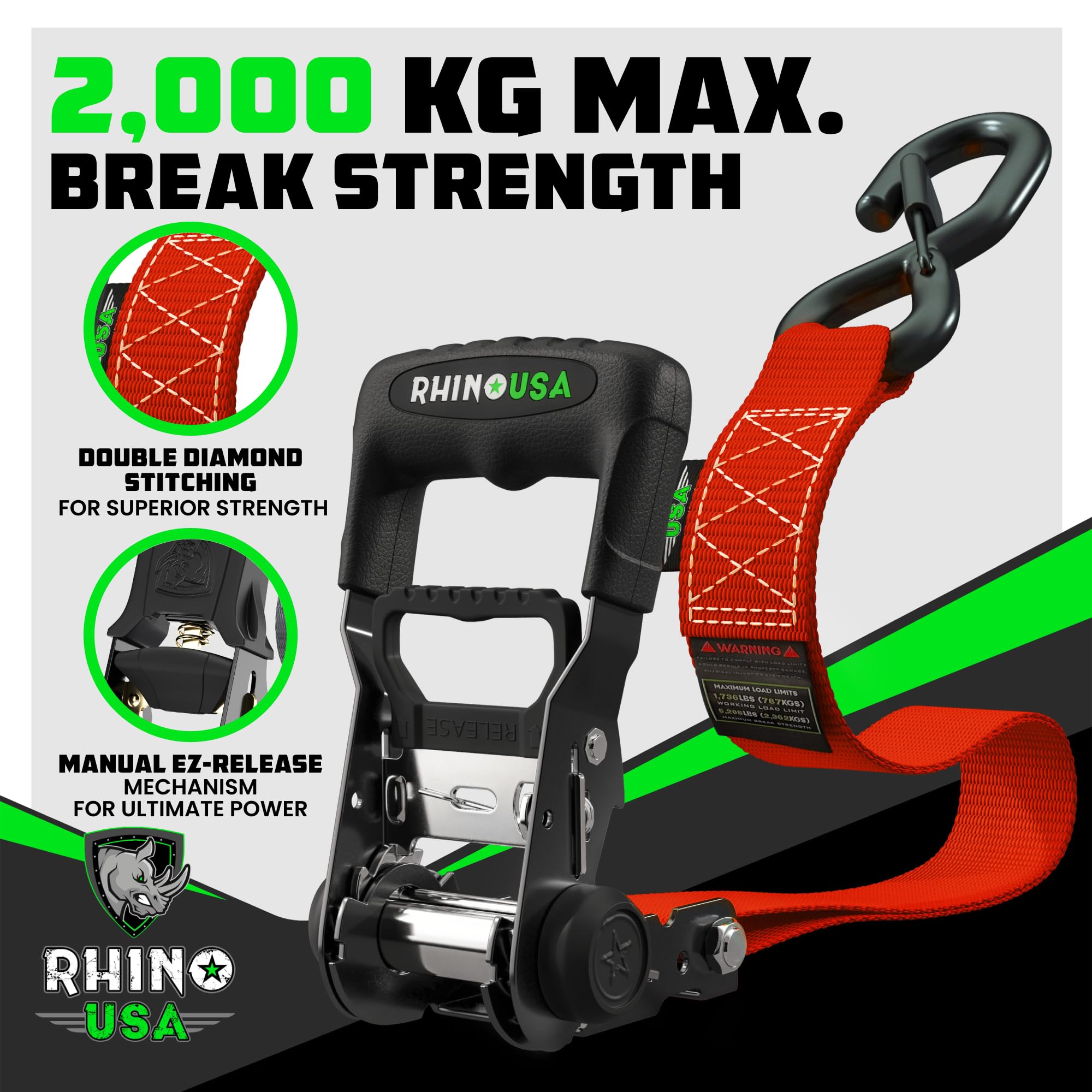 Rhino USA Ratchet Straps Heavy Duty Kit (2-Pack), 4cm x 2.4m (2,000kg Break Strength) - Image 2