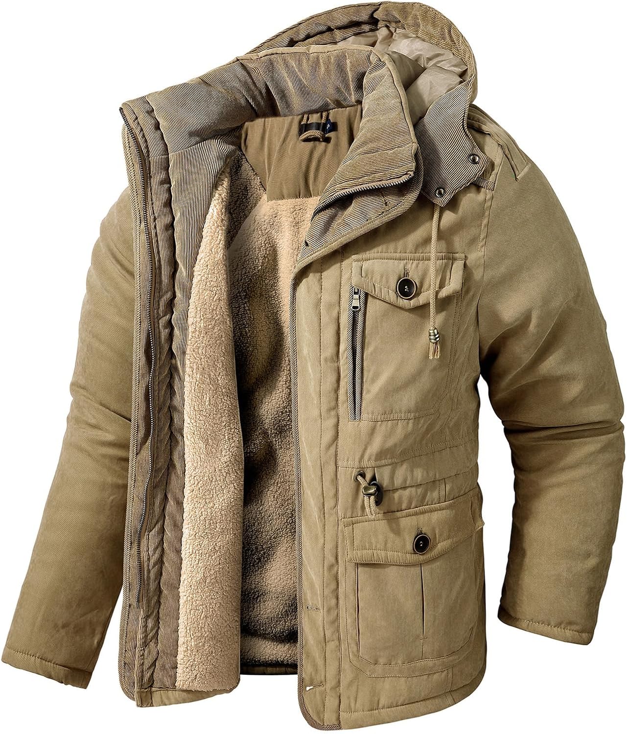 Men's Winter Sherpa Lined Jacket Thick Warm Fleece Lining Hooded Military Jackets Casual Long Parka Coat Outerwear