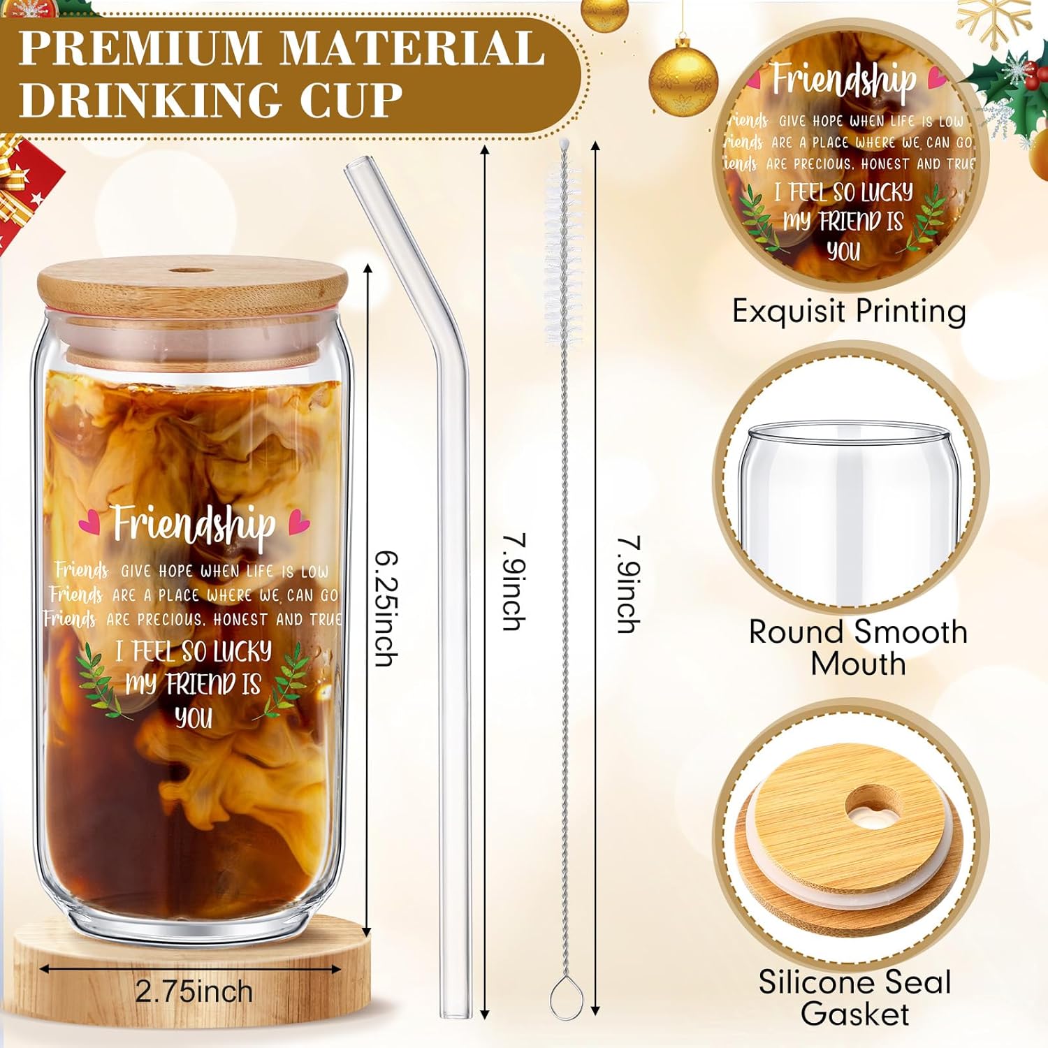 Friendship Gifts for Women 4 Set, Including 16 oz Glass Cups, Friends Makeup Bags and Keychains, Christmas Birthday Gifts for Coworker Sister Roommate(Classic) - Image 6