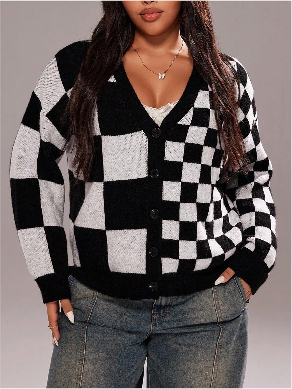 WDIRARA Women's Plus Size Plaid Checkered Cardigan Sweaters Button Down Long Sleeve Knit Outerwear - Image 3